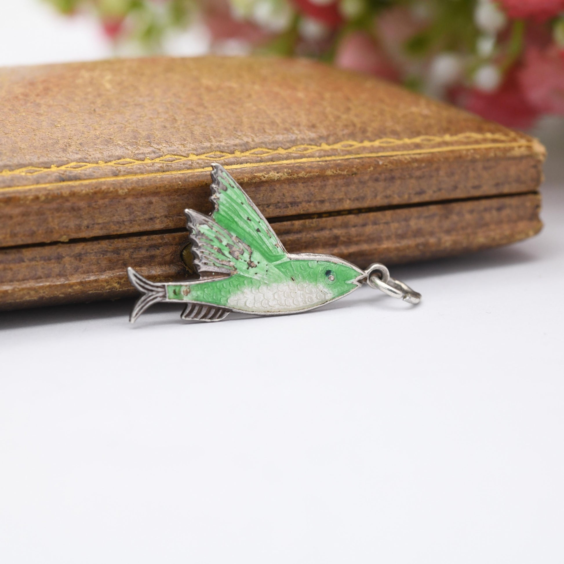 Vintage TLM Sterling Silver Green Enamel Flying Fish Souvenir Charm Pendant - 1950 | Animal | Fish | Gift for Charm Bracelet