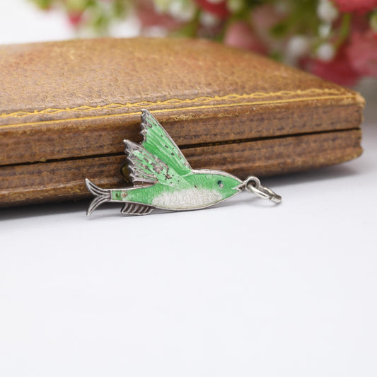 Vintage TLM Sterling Silver Green Enamel Flying Fish Souvenir Charm Pendant - 1950 | Animal | Fish | Gift for Charm Bracelet