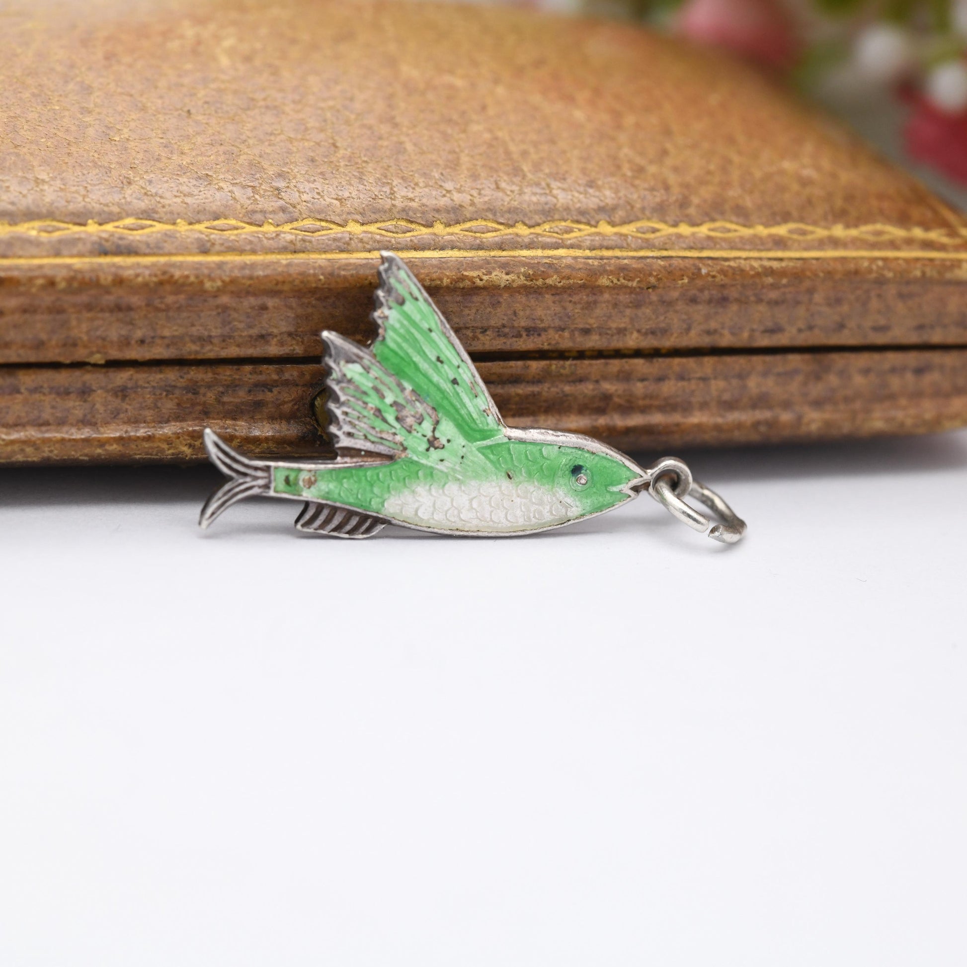 Vintage TLM Sterling Silver Green Enamel Flying Fish Souvenir Charm Pendant - 1950 | Animal | Fish | Gift for Charm Bracelet