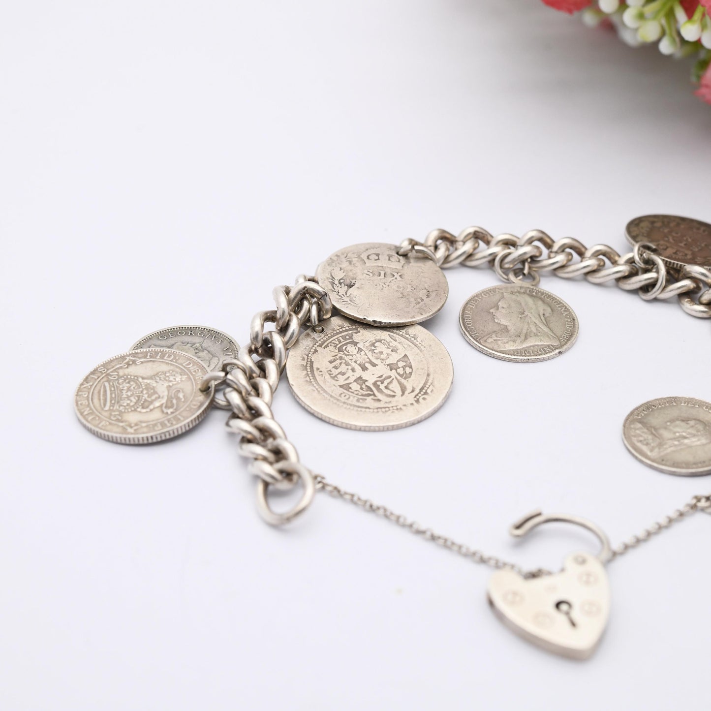 Vintage Silver Coin Charm Bracelet 1961 with Antique Silver Coins - Curb Link | Antique British Coins 1891 Victorian | 8 Coin Collection