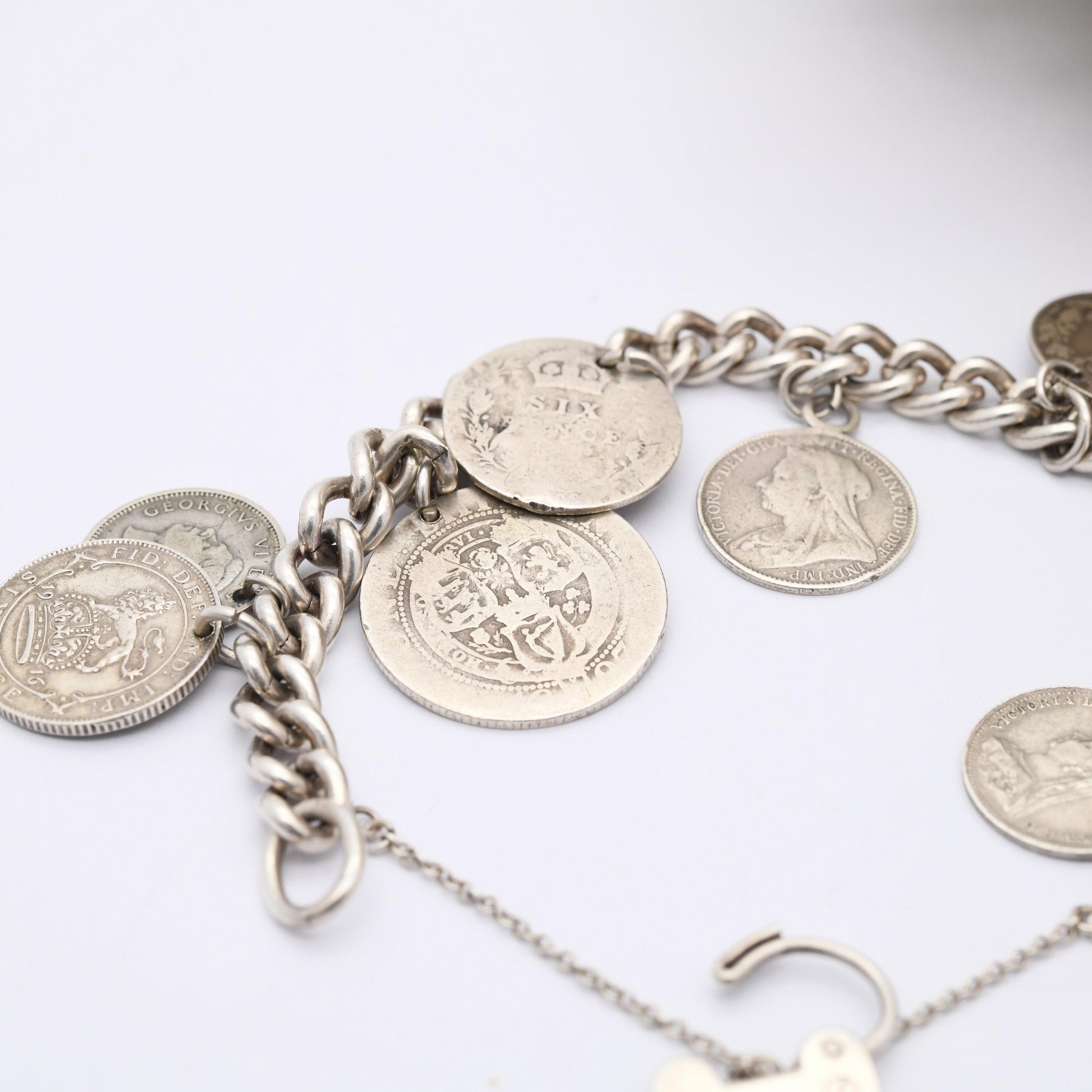 Vintage Silver Coin Charm Bracelet 1961 with Antique Silver Coins - Curb Link | Antique British Coins 1891 Victorian | 8 Coin Collection