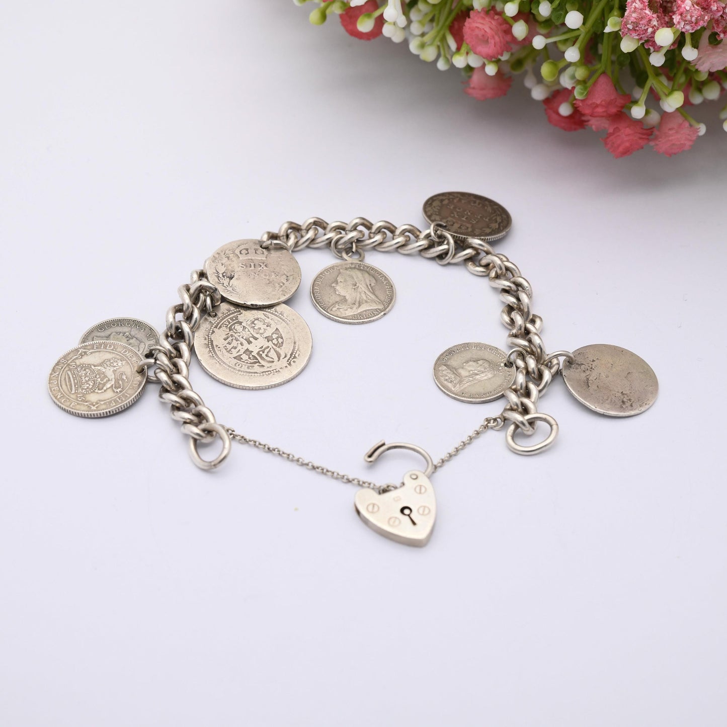 Vintage Silver Coin Charm Bracelet 1961 with Antique Silver Coins - Curb Link | Antique British Coins 1891 Victorian | 8 Coin Collection