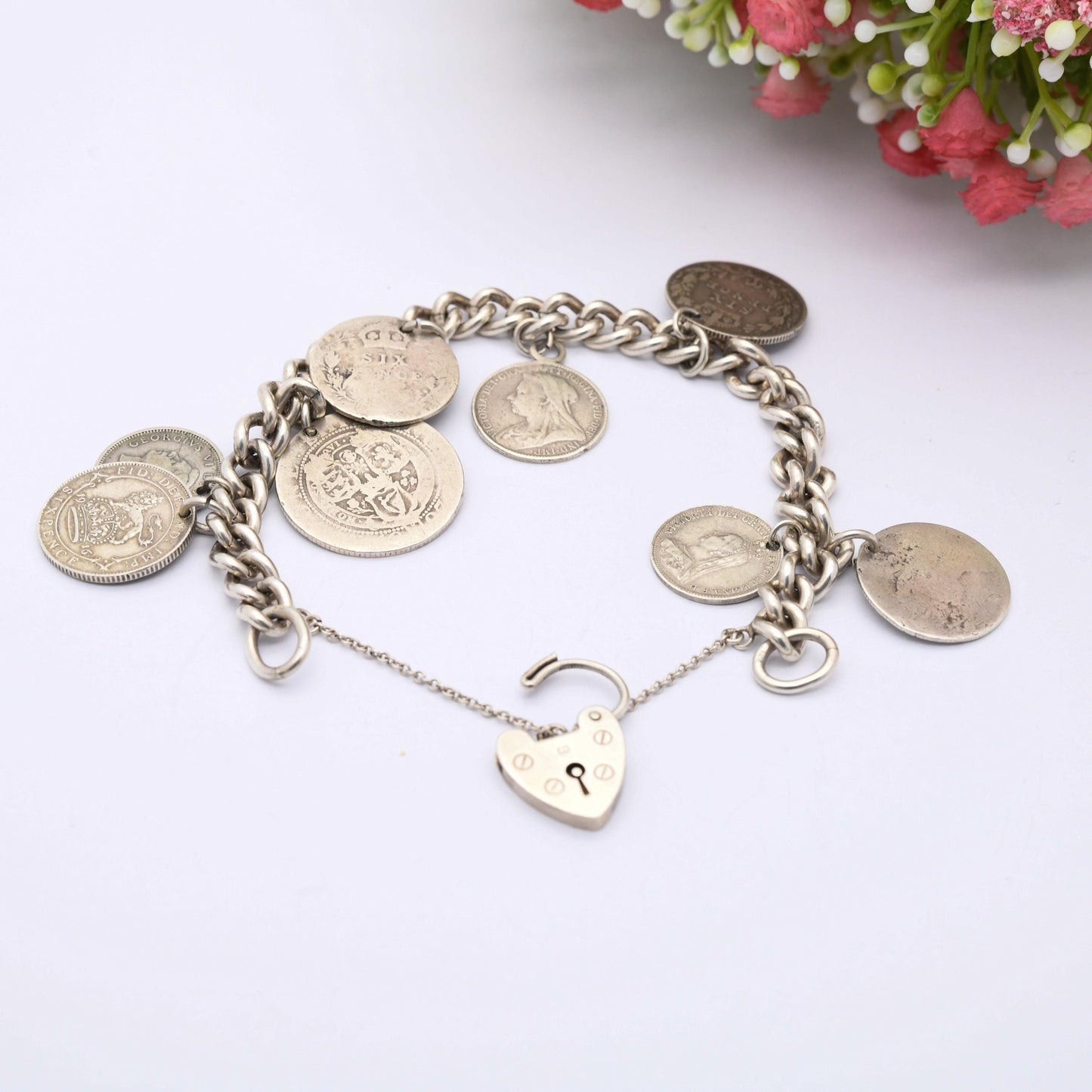 Vintage Silver Coin Charm Bracelet 1961 with Antique Silver Coins - Curb Link | Antique British Coins 1891 Victorian | 8 Coin Collection