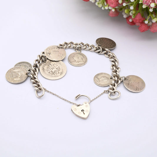 Vintage Silver Coin Charm Bracelet 1961 with Antique Silver Coins - Curb Link | Antique British Coins 1891 Victorian | 8 Coin Collection