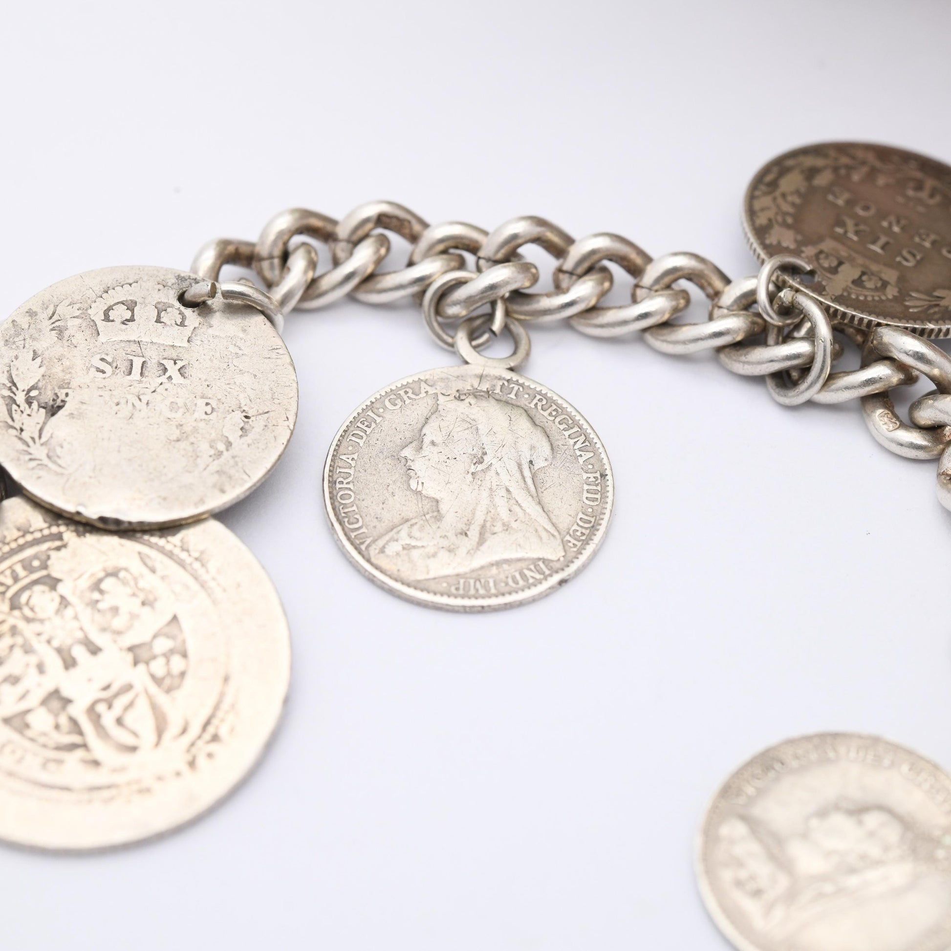 Vintage Silver Coin Charm Bracelet 1961 with Antique Silver Coins - Curb Link | Antique British Coins 1891 Victorian | 8 Coin Collection