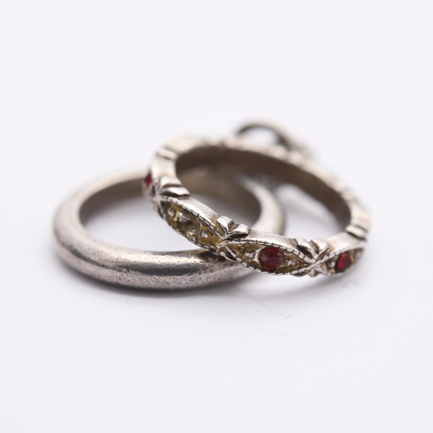 Vintage Sterling Silver Mini Wedding Ring Set Charm Pendant - Eternity Band and Wedding Band | Red Stone | Gift for Charm Bracelet