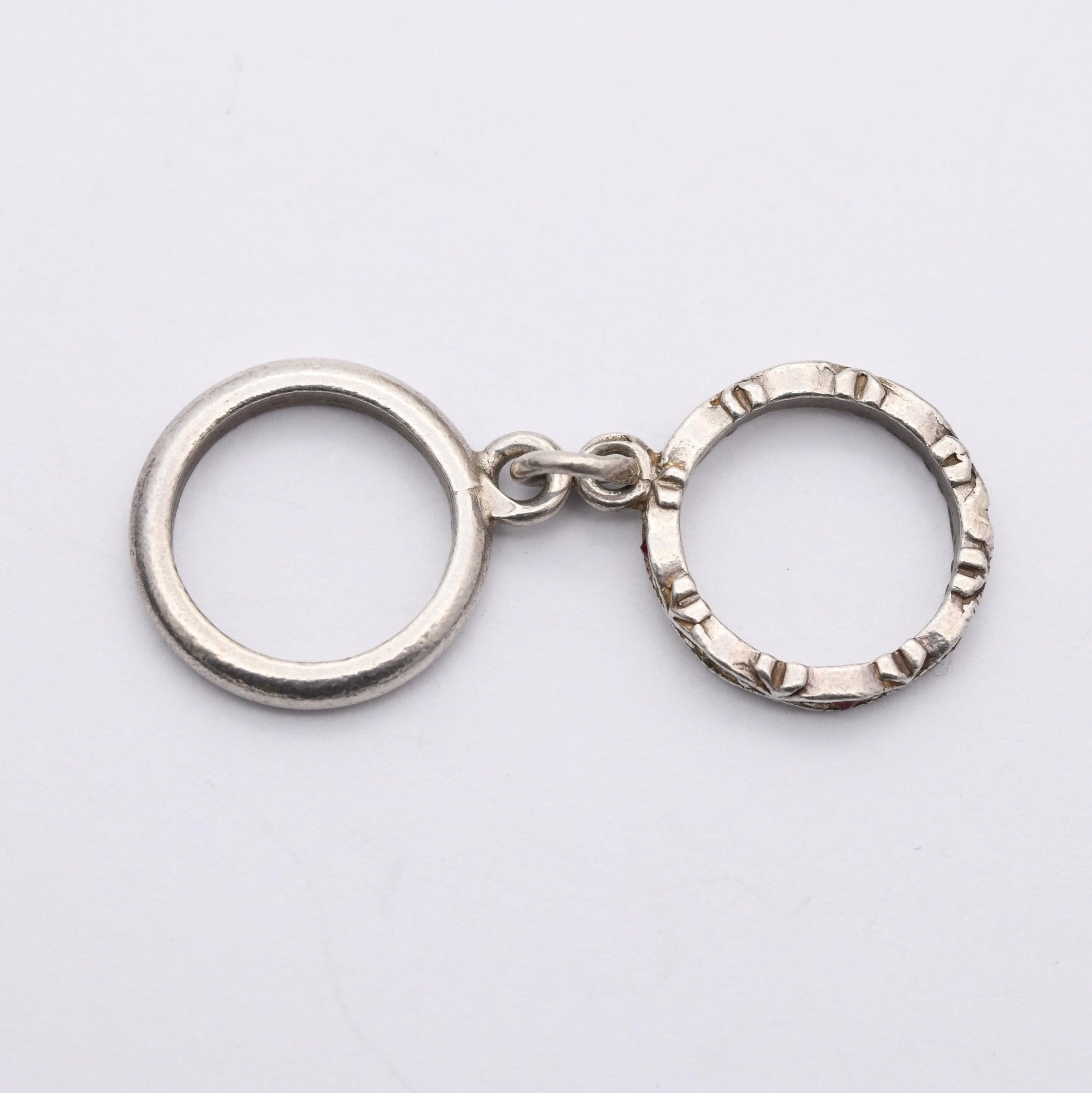 Vintage Sterling Silver Mini Wedding Ring Set Charm Pendant - Eternity Band and Wedding Band | Red Stone | Gift for Charm Bracelet