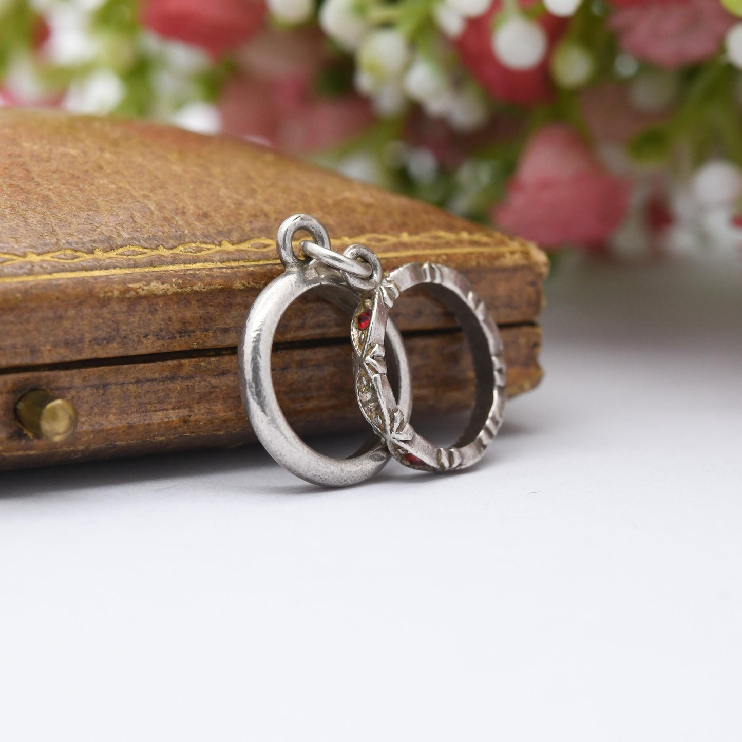 Vintage Sterling Silver Mini Wedding Ring Set Charm Pendant - Eternity Band and Wedding Band | Red Stone | Gift for Charm Bracelet