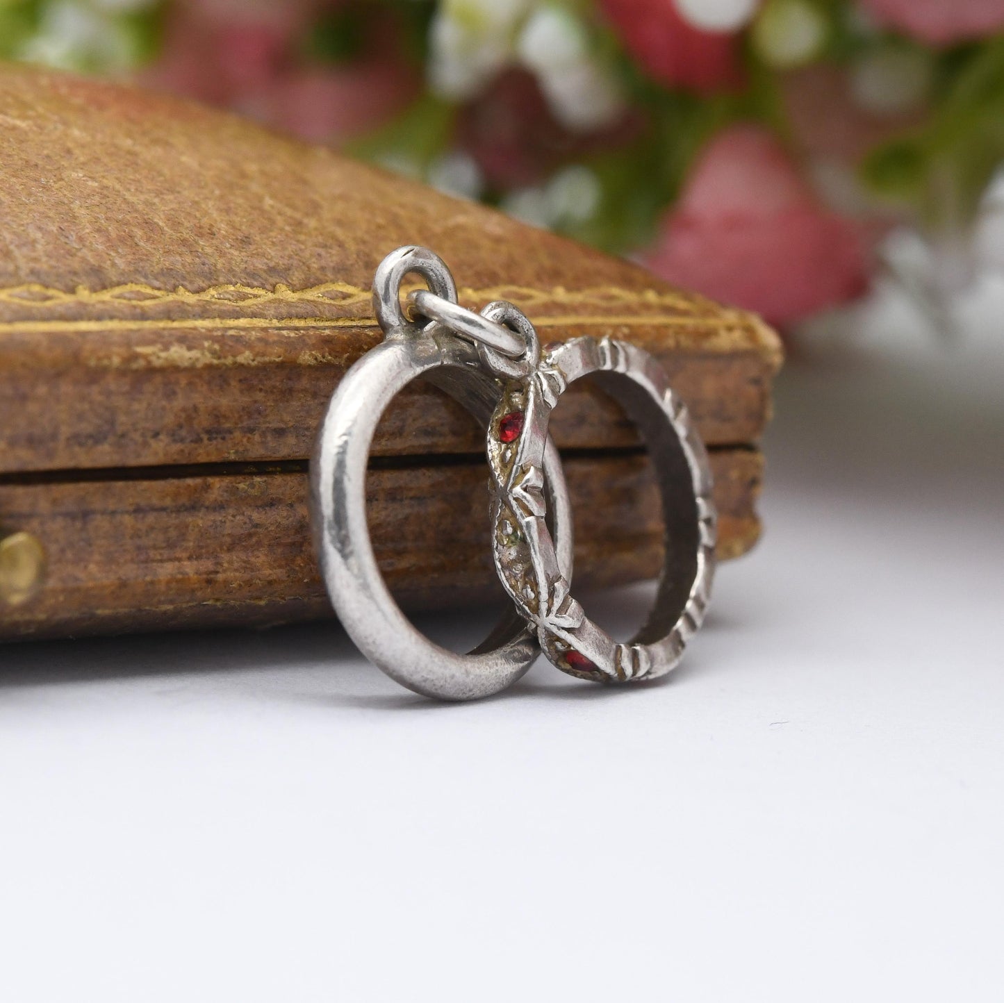Vintage Sterling Silver Mini Wedding Ring Set Charm Pendant - Eternity Band and Wedding Band | Red Stone | Gift for Charm Bracelet