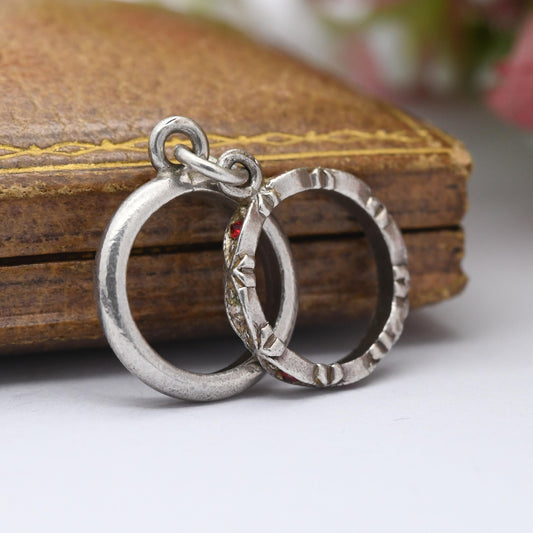 Vintage Sterling Silver Mini Wedding Ring Set Charm Pendant - Eternity Band and Wedding Band | Red Stone | Gift for Charm Bracelet