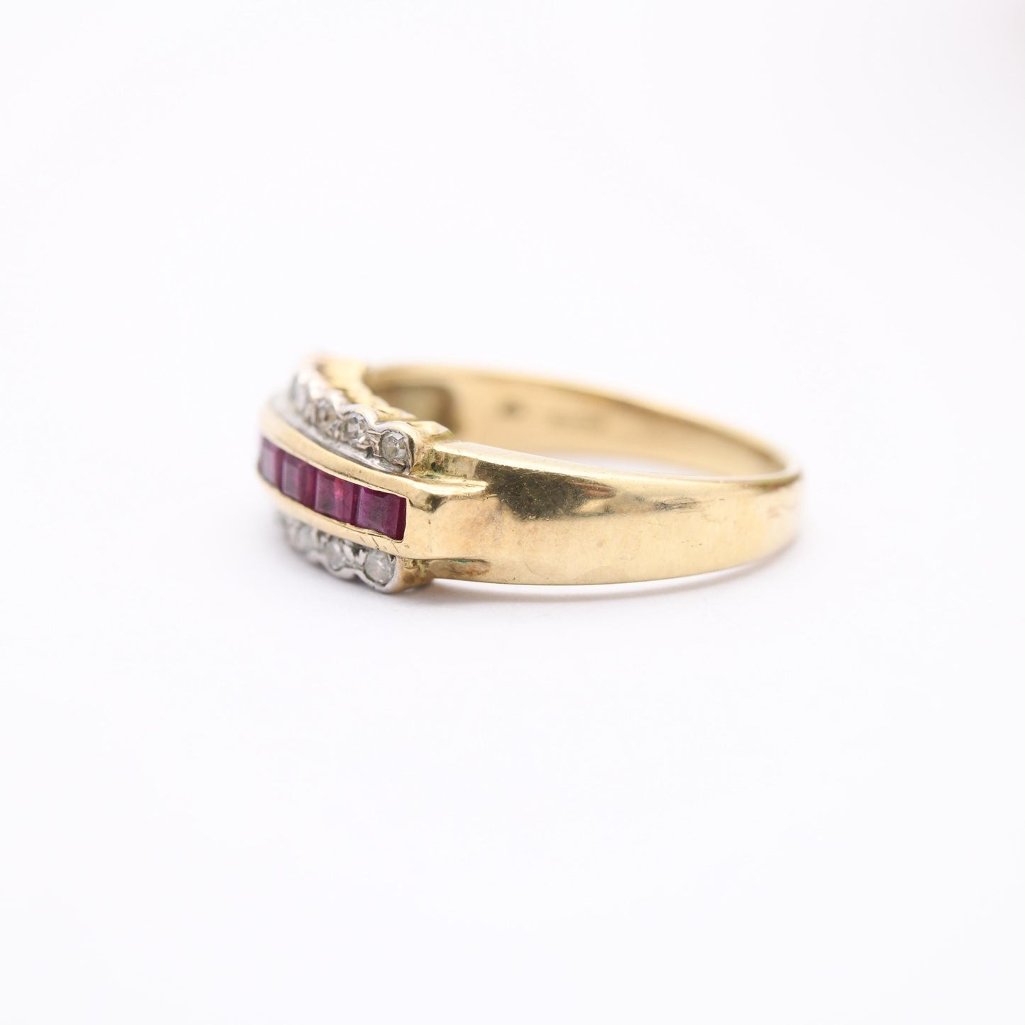Vintage 9ct Gold Ruby Diamond Half Hoop Ring 1980's - Beautiful Flush Set Channel Rugby Ring | Bevel Diamond | UK Size - M | US Size - 6 1/2