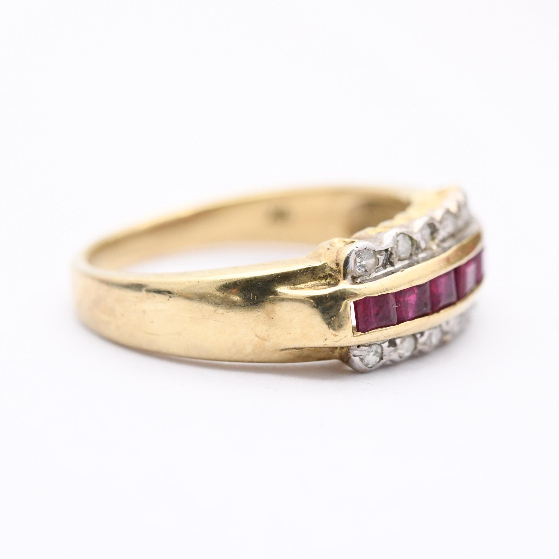 Vintage 9ct Gold Ruby Diamond Half Hoop Ring 1980's - Beautiful Flush Set Channel Rugby Ring | Bevel Diamond | UK Size - M | US Size - 6 1/2