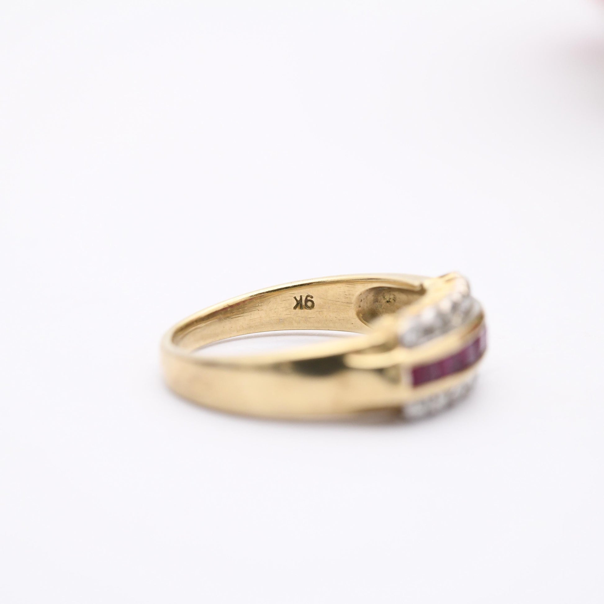 Vintage 9ct Gold Ruby Diamond Half Hoop Ring 1980's - Beautiful Flush Set Channel Rugby Ring | Bevel Diamond | UK Size - M | US Size - 6 1/2