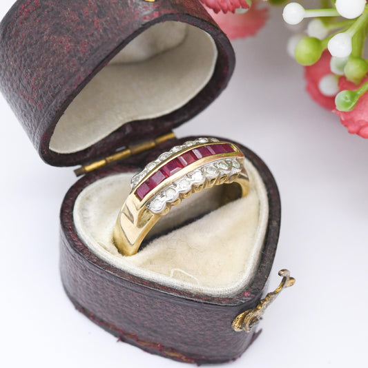 Vintage 9ct Gold Ruby Diamond Half Hoop Ring 1980's - Beautiful Flush Set Channel Rugby Ring | Bevel Diamond | UK Size - M | US Size - 6 1/2