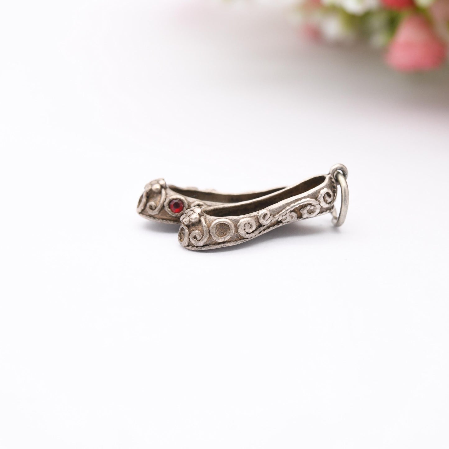 Vintage Sterling Silver and Red Stone Slippers Shoes Charm Pendant - Woman's Shoes | Shoe | Slipper | Gift for Charm Bracelet