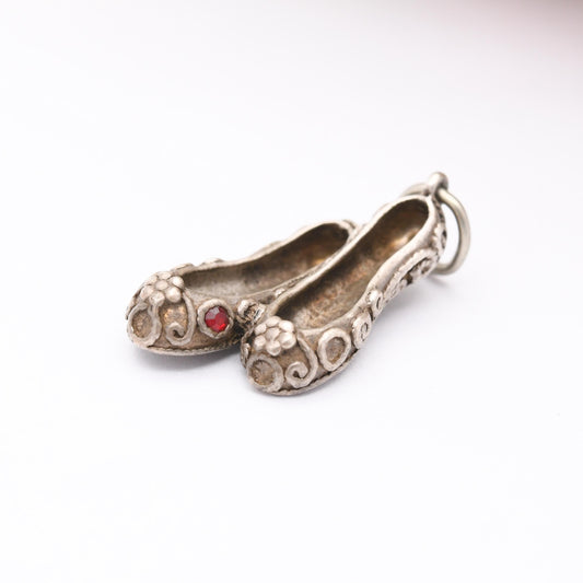 Vintage Sterling Silver and Red Stone Slippers Shoes Charm Pendant - Woman's Shoes | Shoe | Slipper | Gift for Charm Bracelet