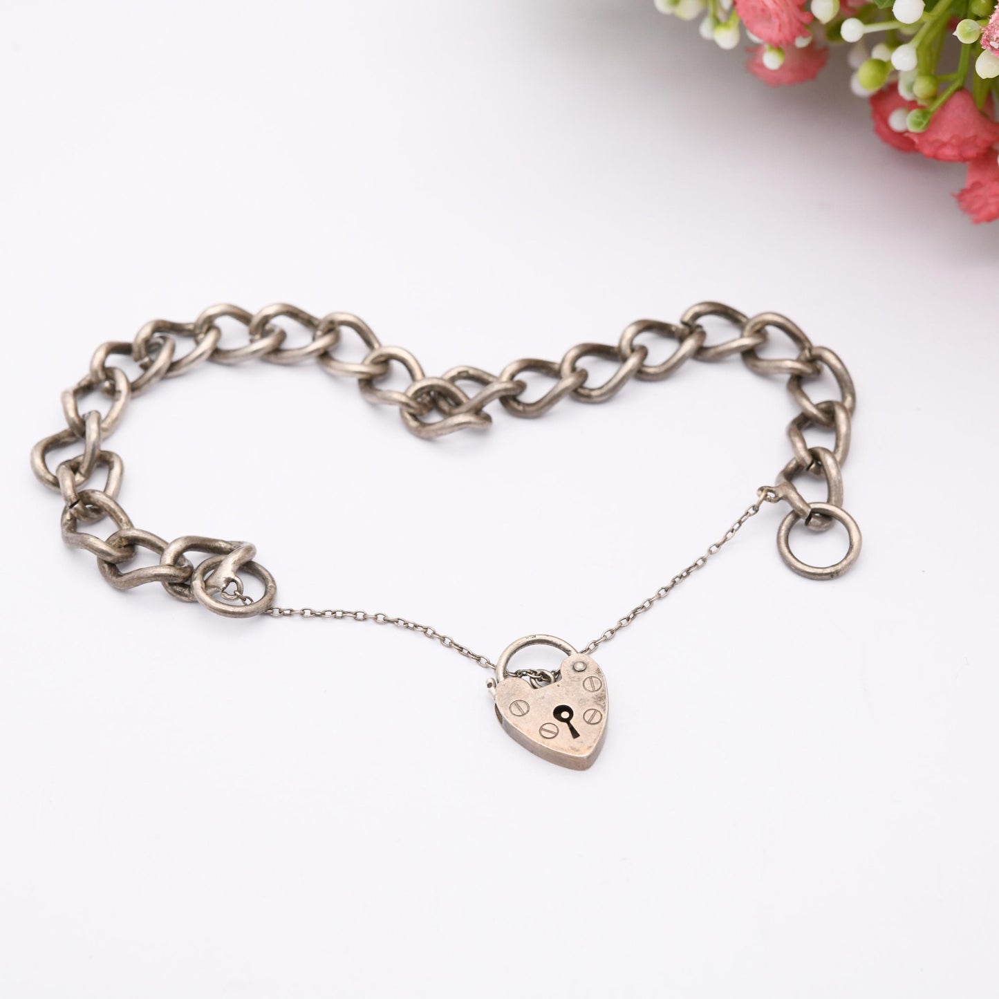 Vintage Sterling Silver Heart Padlock Clasp Chain Charm Bracelet - Chunky Curb Links with Safety Chain | Love Heart Clasp