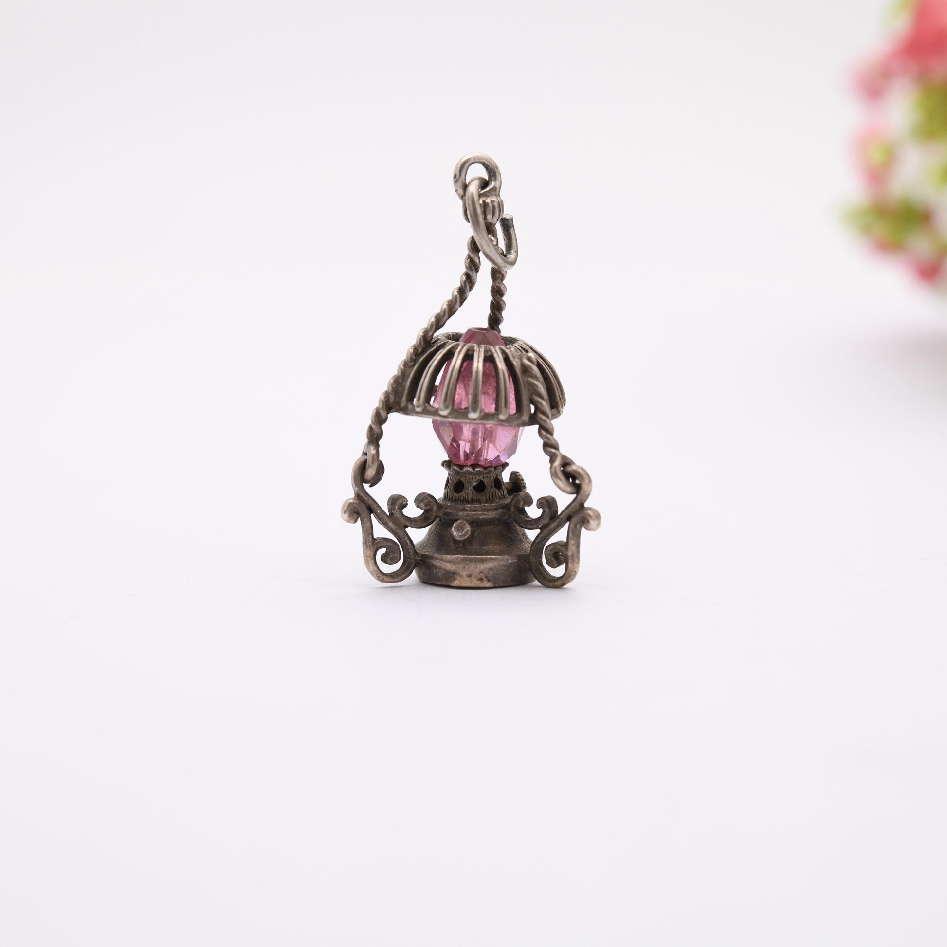Vintage Sterling Silver Lamp Charm Pendant - Old Fashioned Light | Clear Glass | Gift for Charm Bracelet