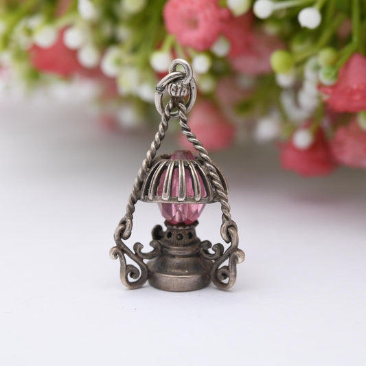 Vintage Sterling Silver Lamp Charm Pendant - Old Fashioned Light | Clear Glass | Gift for Charm Bracelet