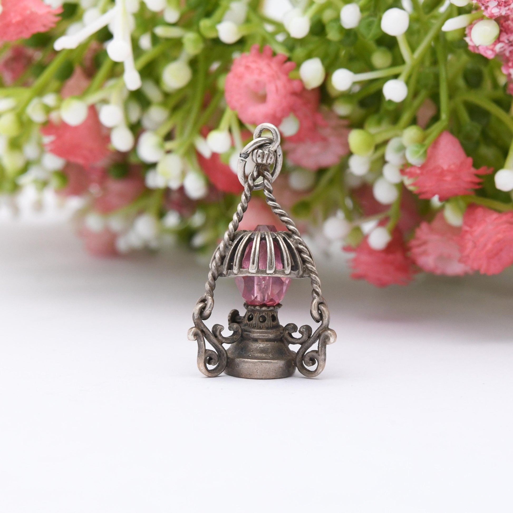 Vintage Sterling Silver Lamp Charm Pendant - Old Fashioned Light | Clear Glass | Gift for Charm Bracelet