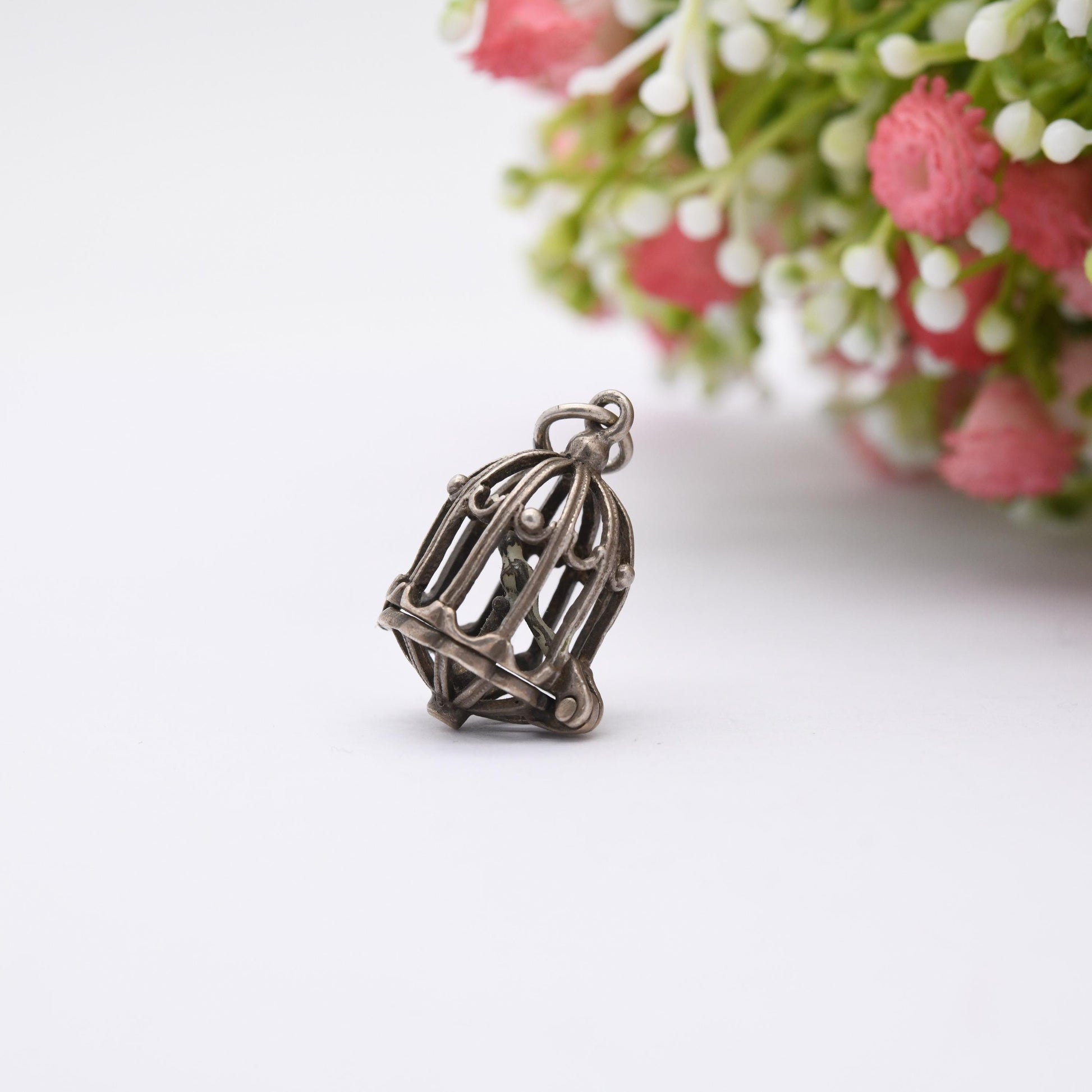 Vintage Sterling Silver & Enamel Opening Caged Bird Charm Pendant - Ornate Bird Cage | Bird of Paradise | Gift for Charm Bracelet