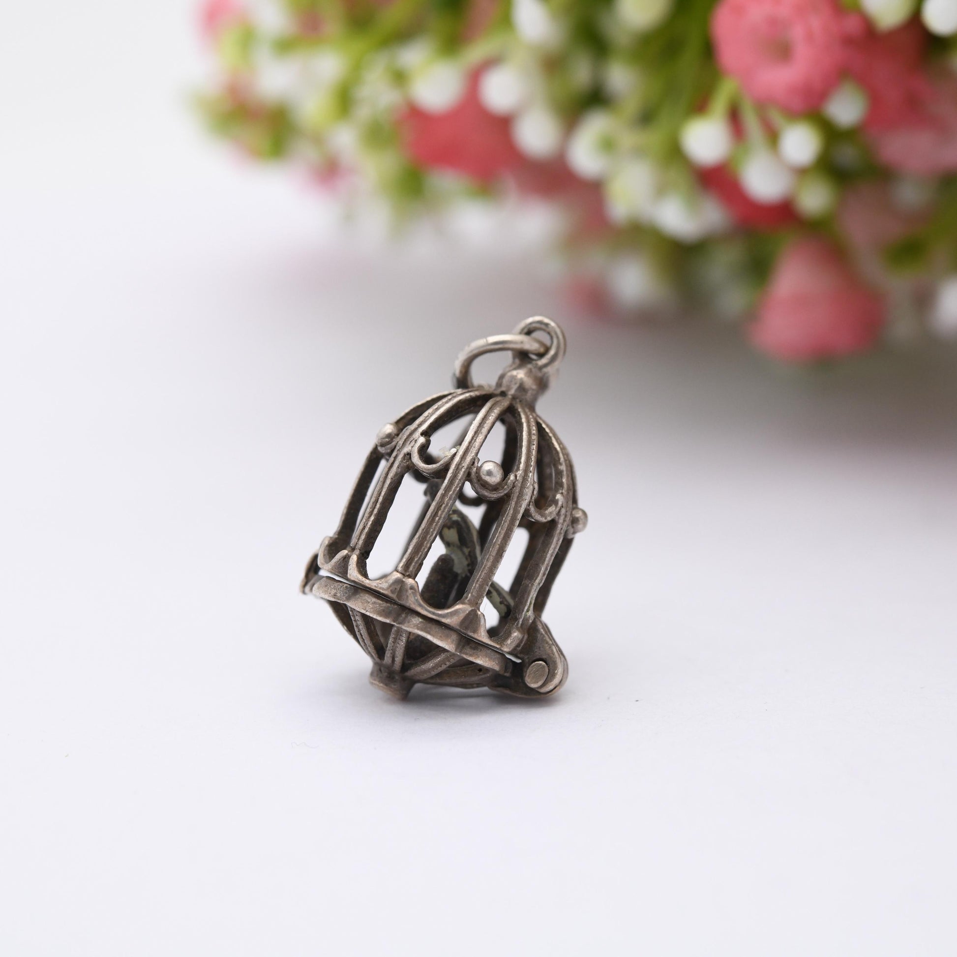 Vintage Sterling Silver & Enamel Opening Caged Bird Charm Pendant - Ornate Bird Cage | Bird of Paradise | Gift for Charm Bracelet