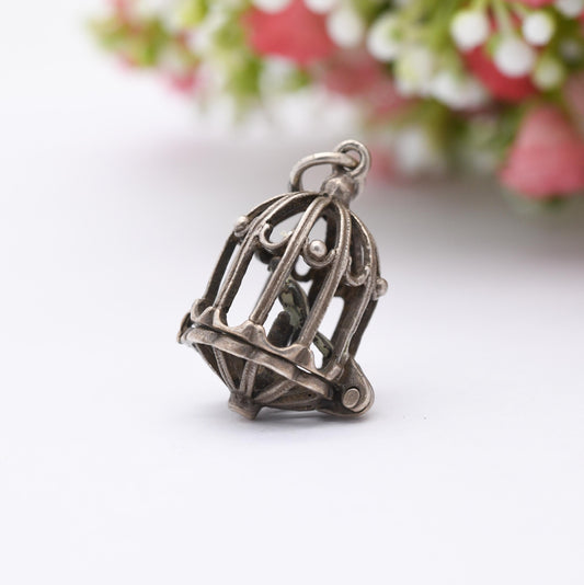 Vintage Sterling Silver & Enamel Opening Caged Bird Charm Pendant - Ornate Bird Cage | Bird of Paradise | Gift for Charm Bracelet