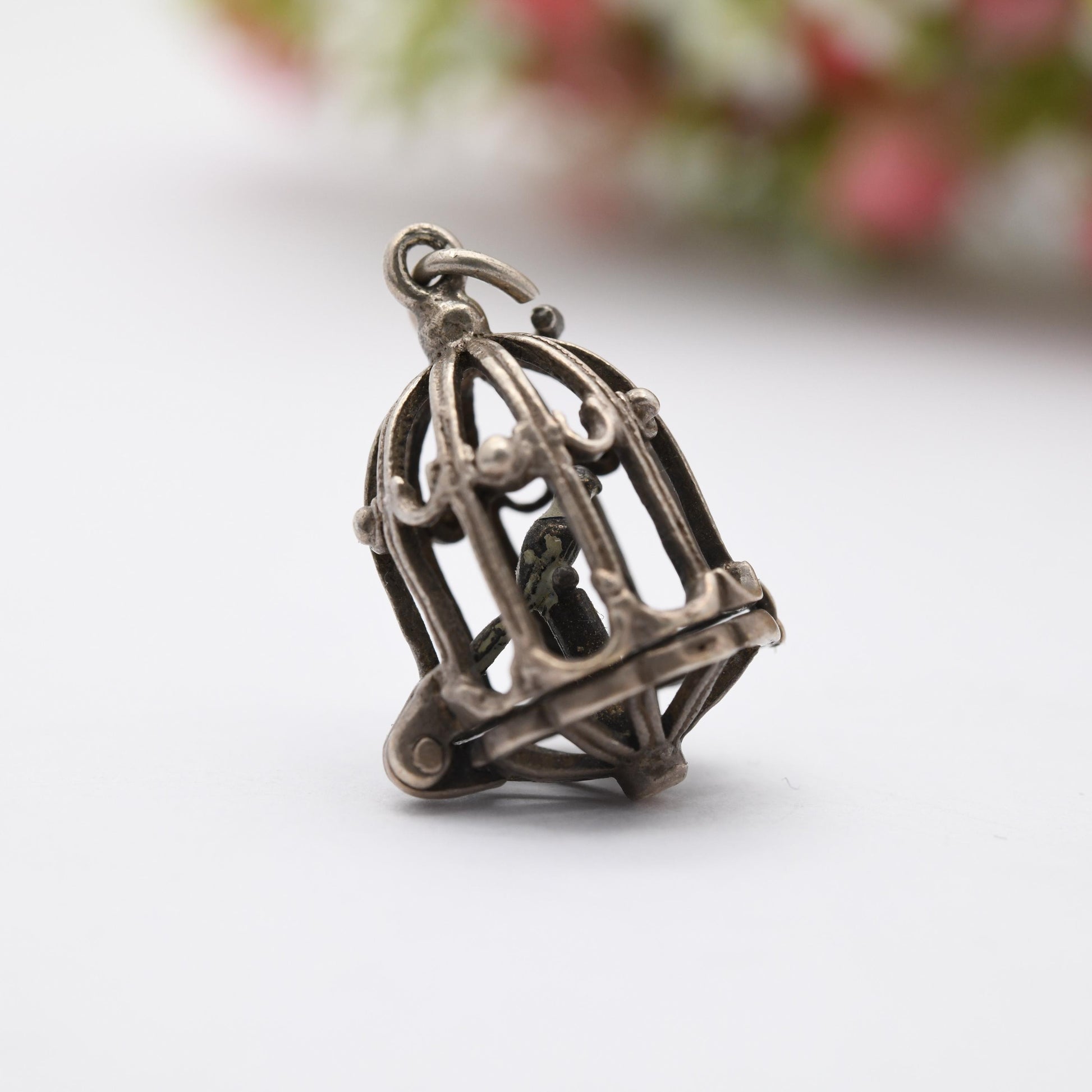 Vintage Sterling Silver & Enamel Opening Caged Bird Charm Pendant - Ornate Bird Cage | Bird of Paradise | Gift for Charm Bracelet