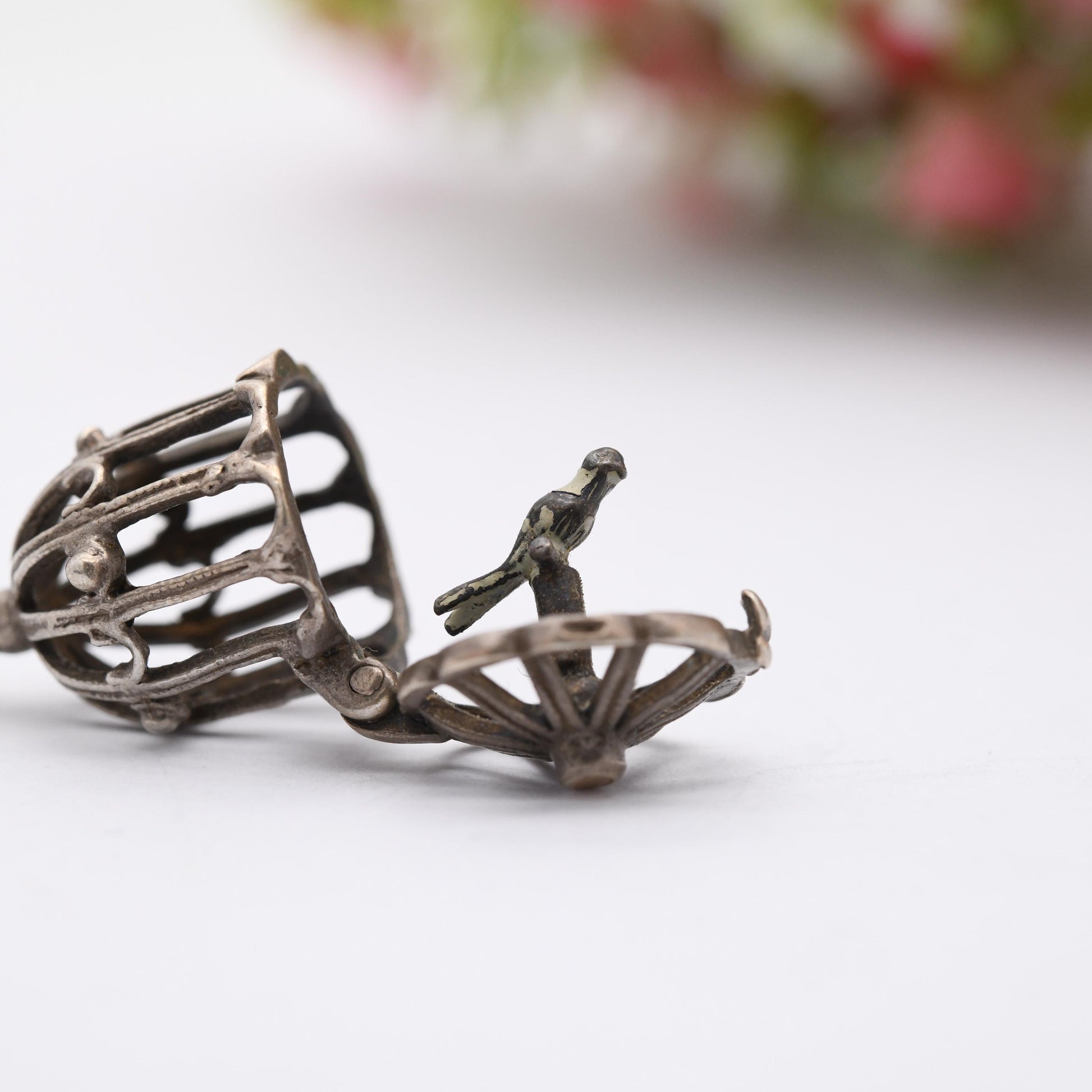 Vintage Sterling Silver & Enamel Opening Caged Bird Charm Pendant - Ornate Bird Cage | Bird of Paradise | Gift for Charm Bracelet