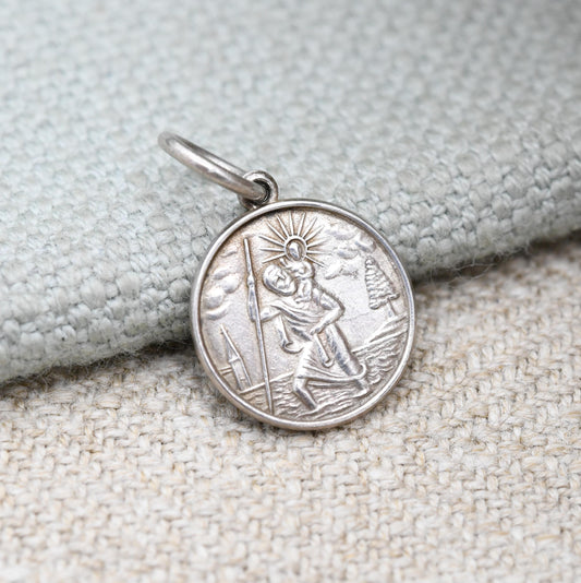 Vintage Sterling Silver St. Christopher Pendant - Small Embossed Relief | Circle | Saint of Travelling | Gift for Charm Bracelet