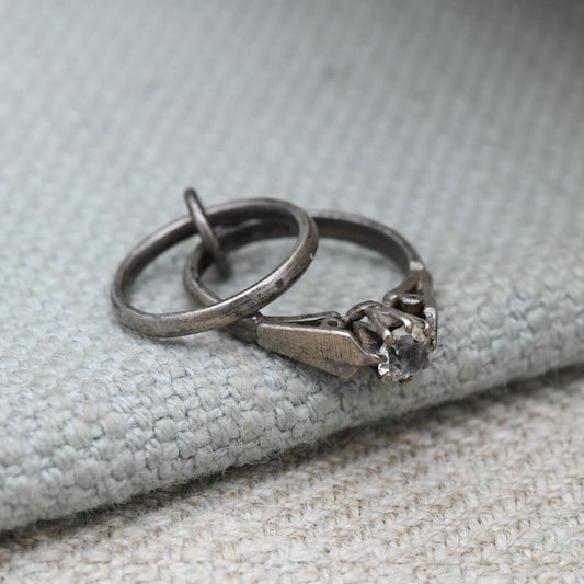 Vintage Sterling Silver Mini Wedding Ring Set Charm Pendant - Engagement Ring with Wedding Band | Gift for Charm Bracelet
