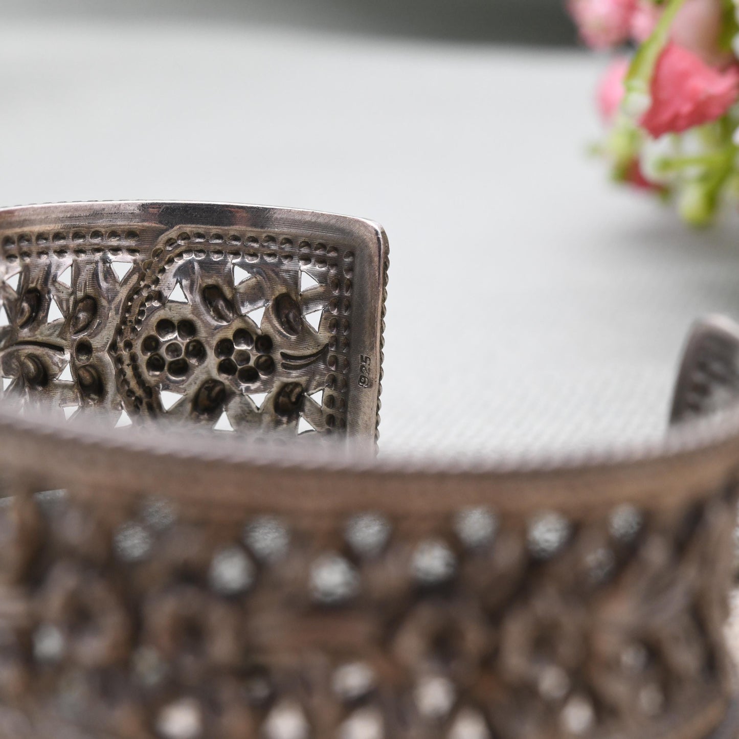 Yanes Traviata Sterling Silver Bangle Bracelet – Embossed Floral Openwork Design | Filigree Style Bracelet | Ornate Statement Jewellery