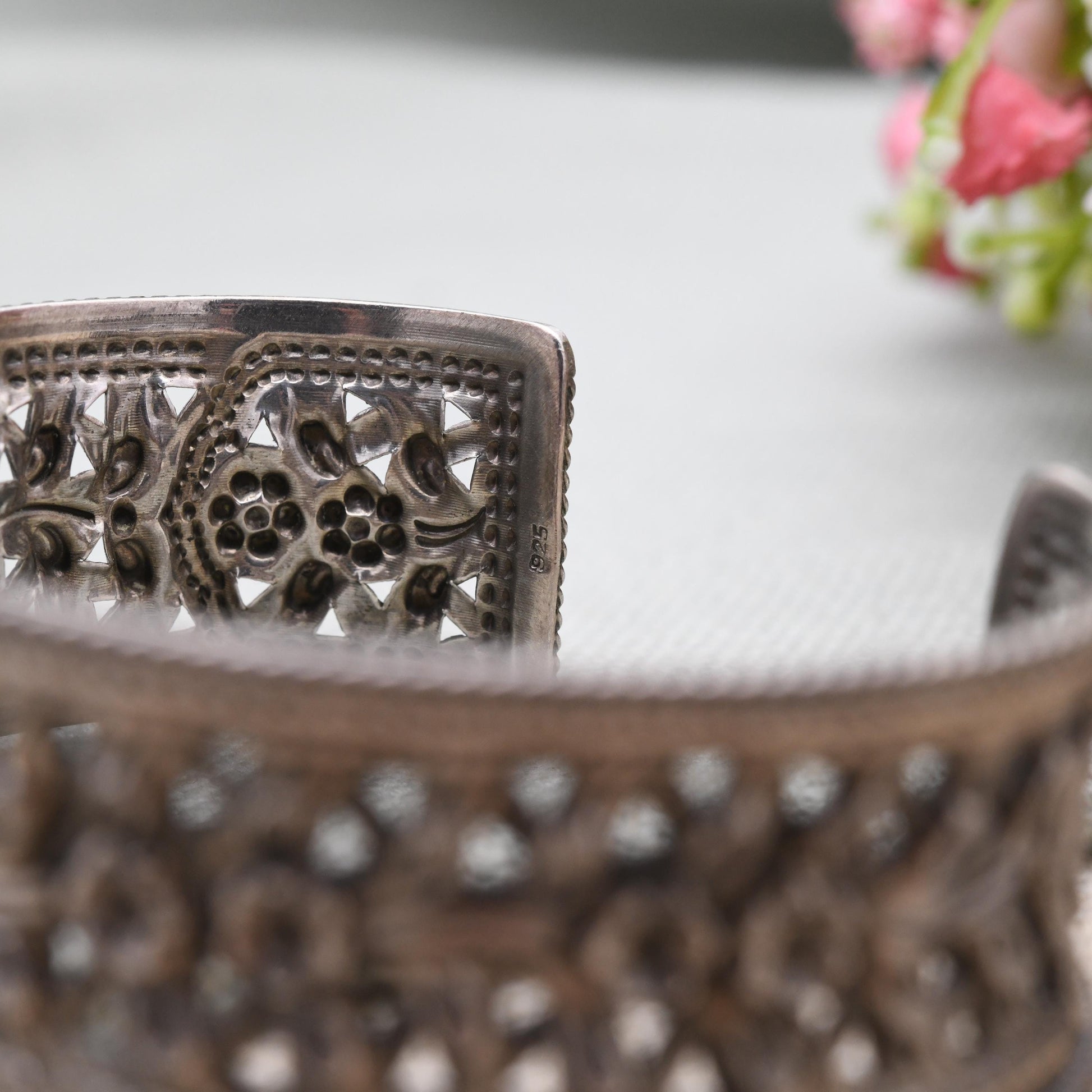 Yanes Traviata Sterling Silver Bangle Bracelet – Embossed Floral Openwork Design | Filigree Style Bracelet | Ornate Statement Jewellery