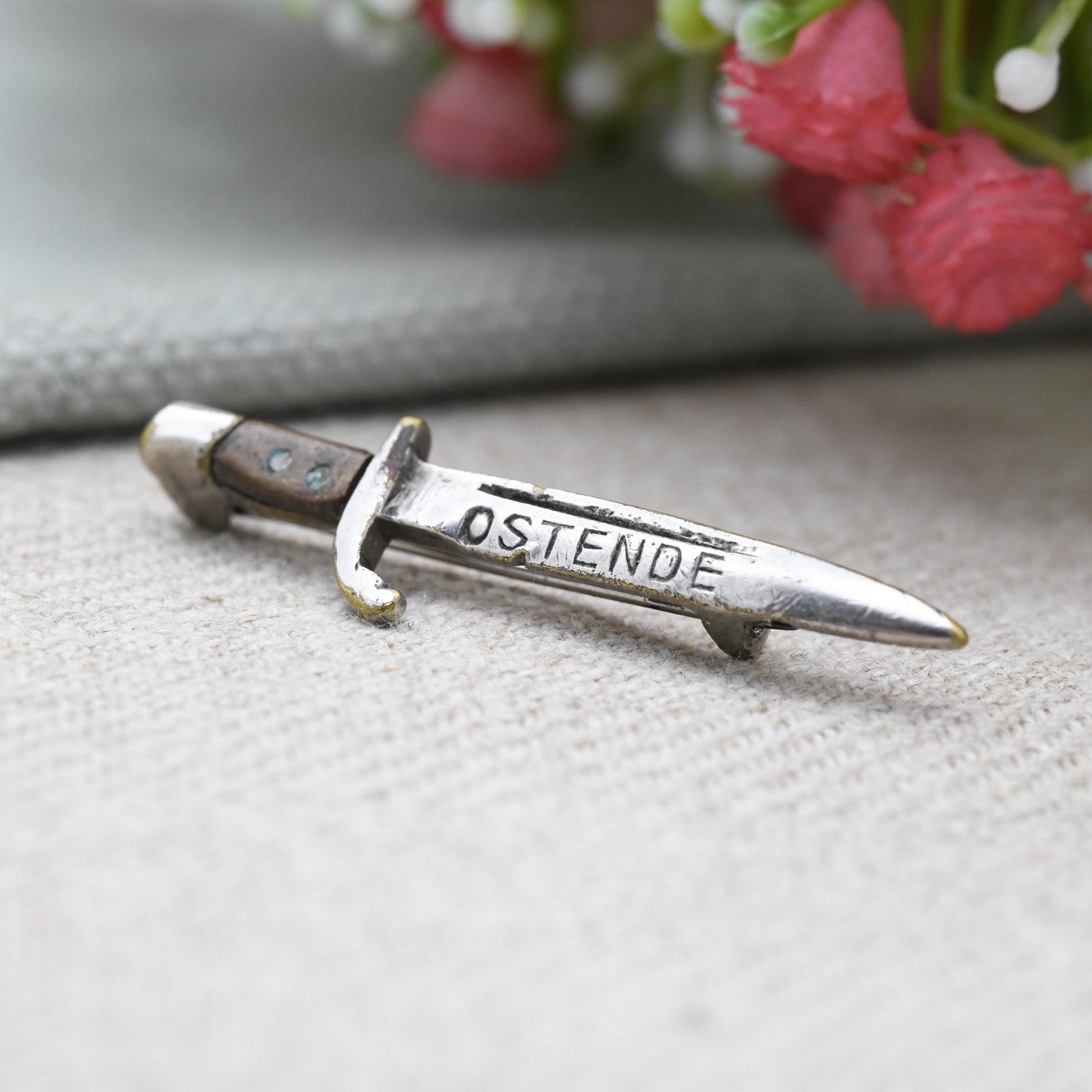 Antique Ostende Bayonet Brooch – Trench Art | Wood Inlay Handle | Military Souvenir Pin | Collector’s Brooch | Sweetheart Brooch