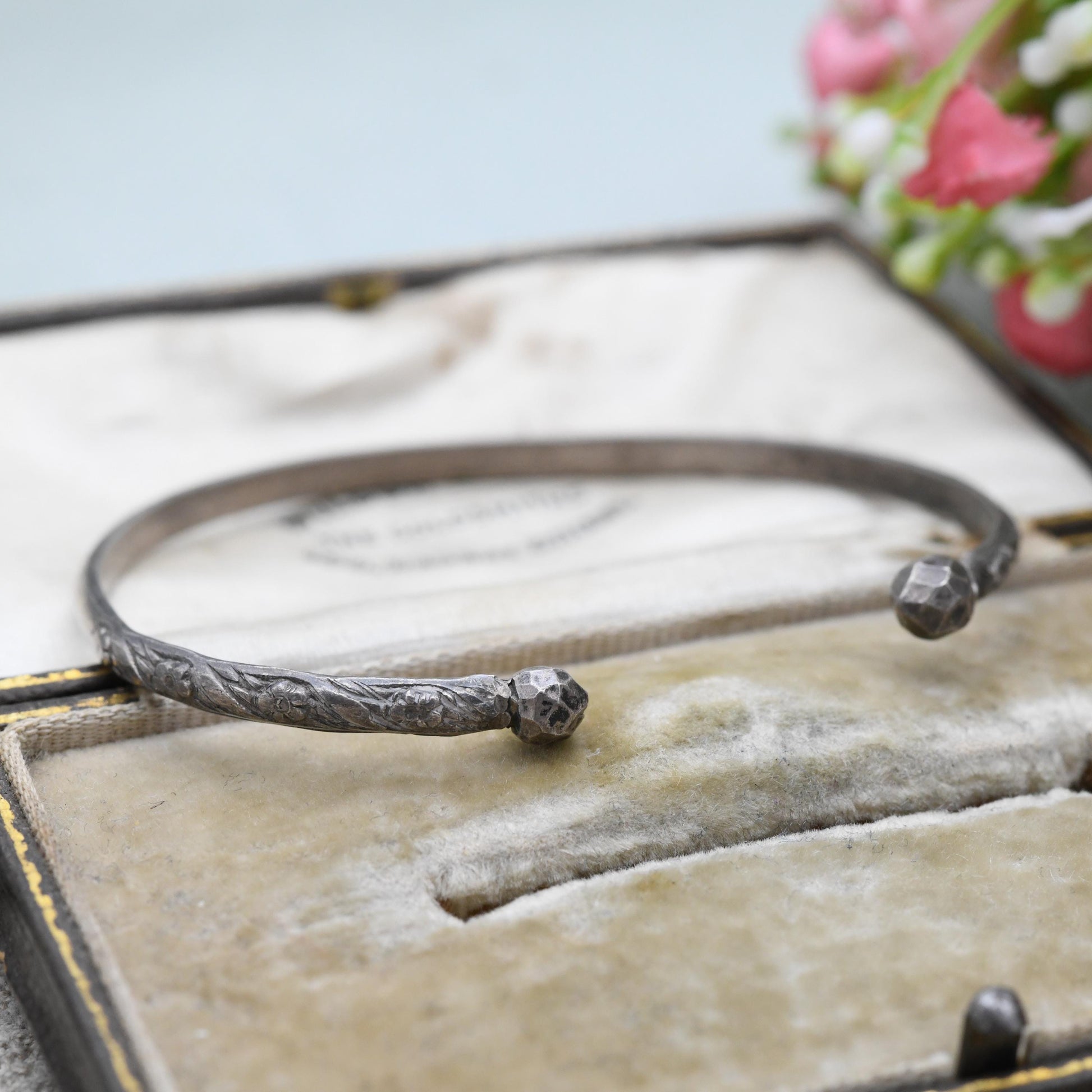 Antique Silver Torque Bangle Bracelet with Flower Engraving