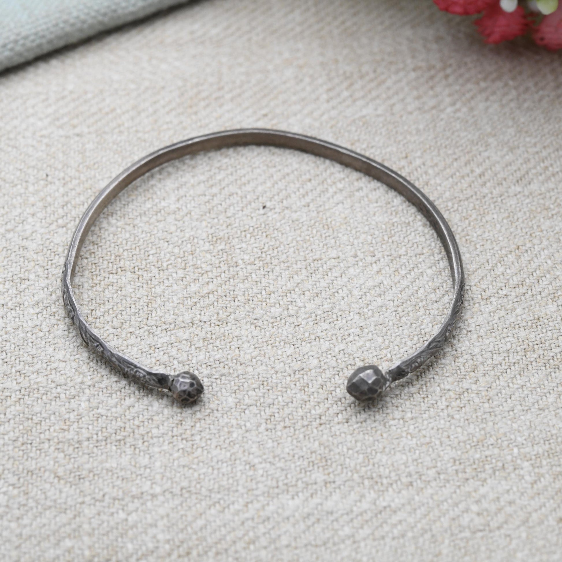 Antique Silver Torque Bangle Bracelet with Flower Engraving