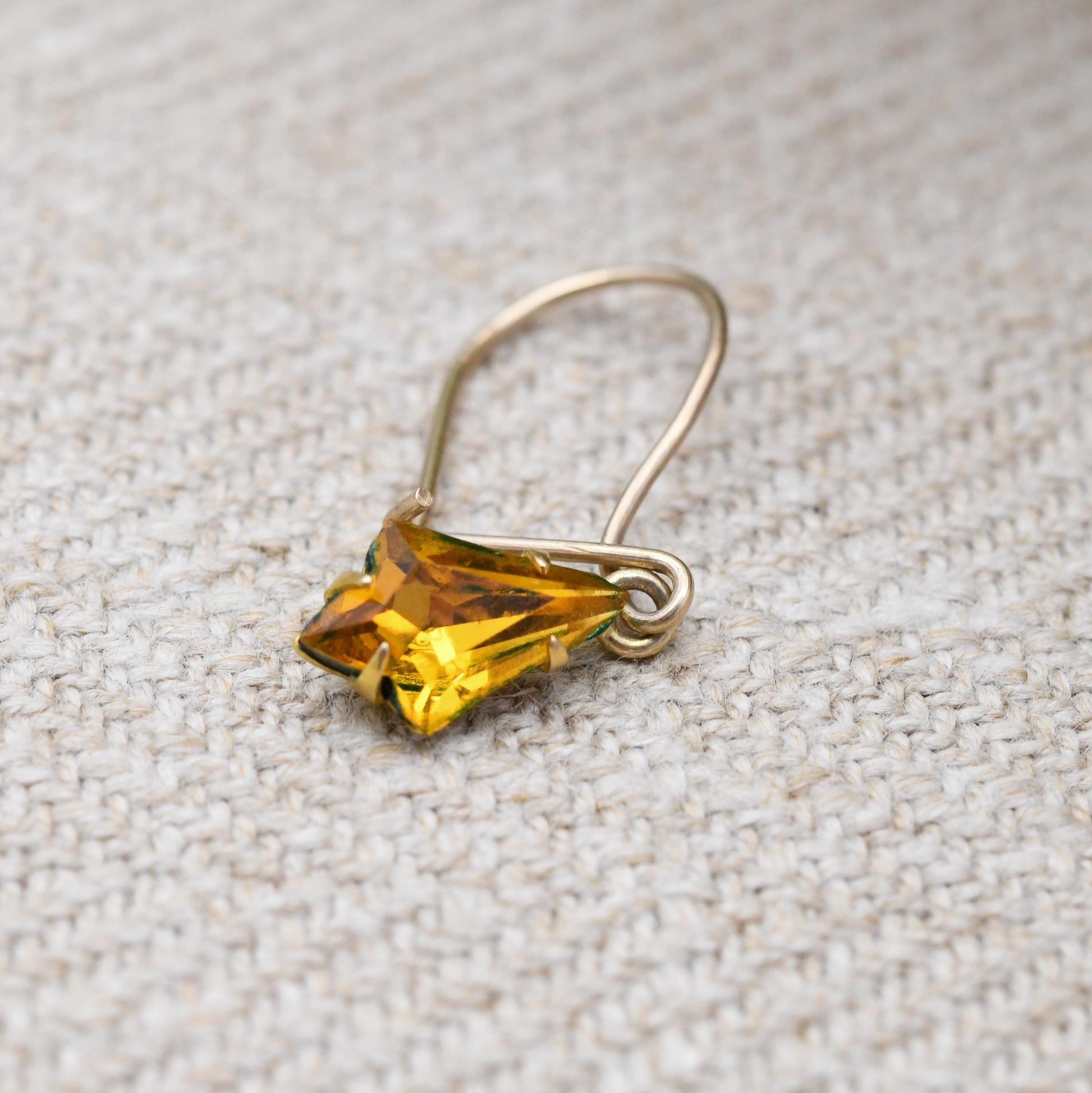 Vintage Rolled Gold Orange Crystal Drop Earrings with Hook Wire - Early 20th Century Yellow Gold Tone Jewellery