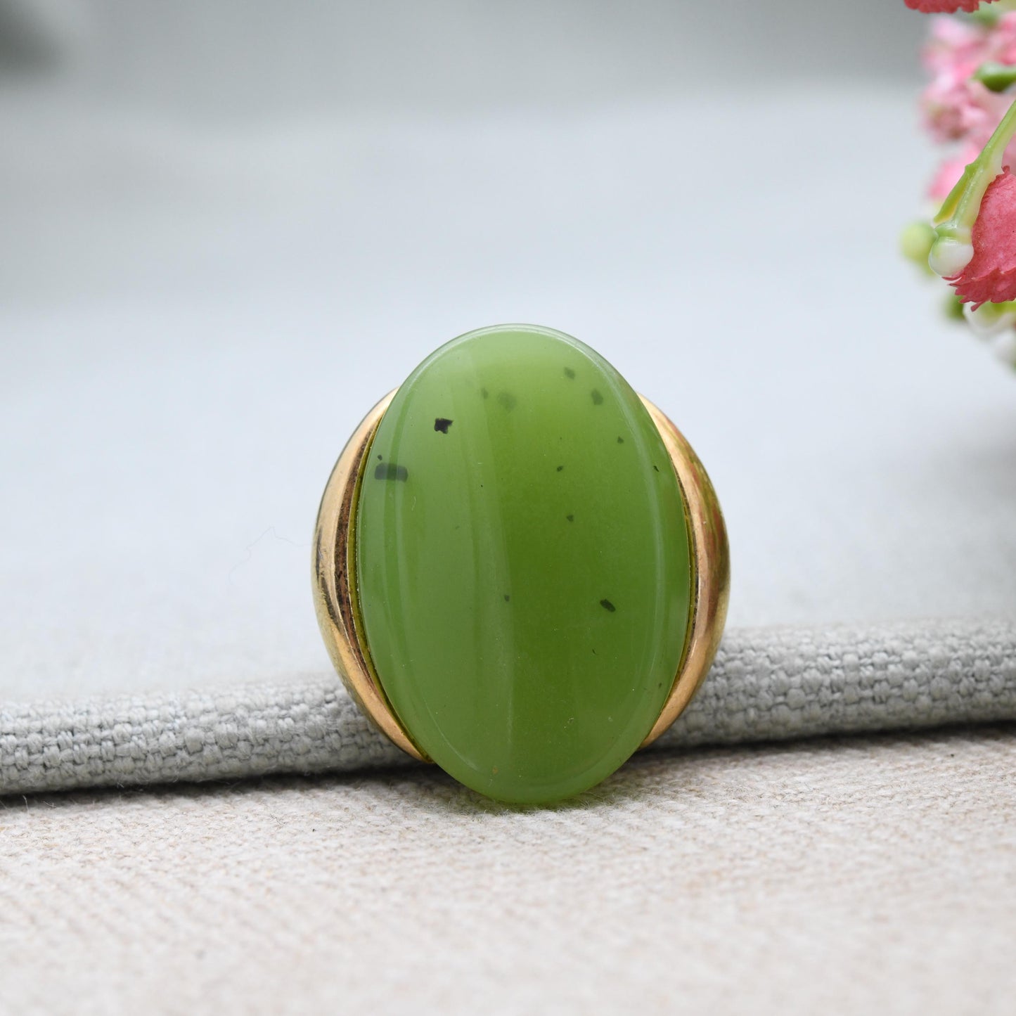 Vintage Grossé Ring 1972 German Designer Signed Jewellery - Imitation Jade Green Stone Ring Mid-Century | Adjustable Size UK Q | US 8 1/2