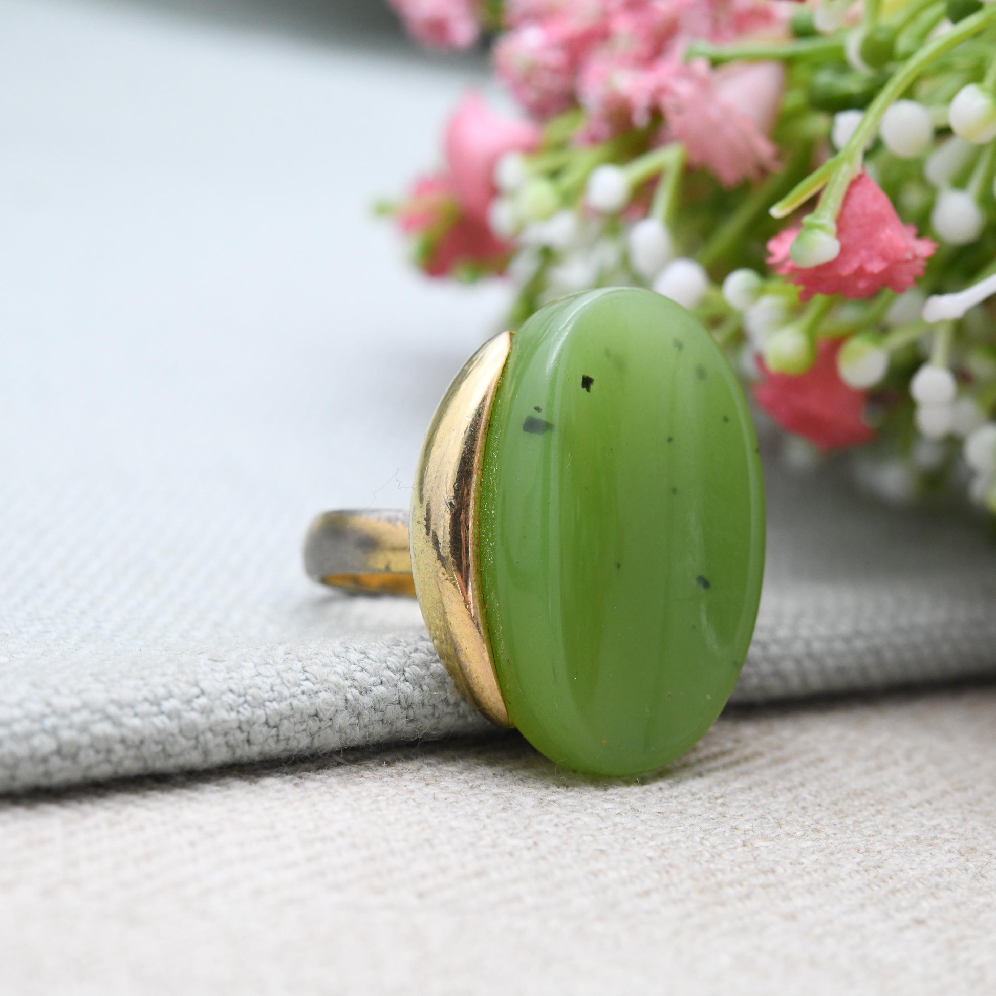 Vintage Grossé Ring 1972 German Designer Signed Jewellery - Imitation Jade Green Stone Ring Mid-Century | Adjustable Size UK Q | US 8 1/2