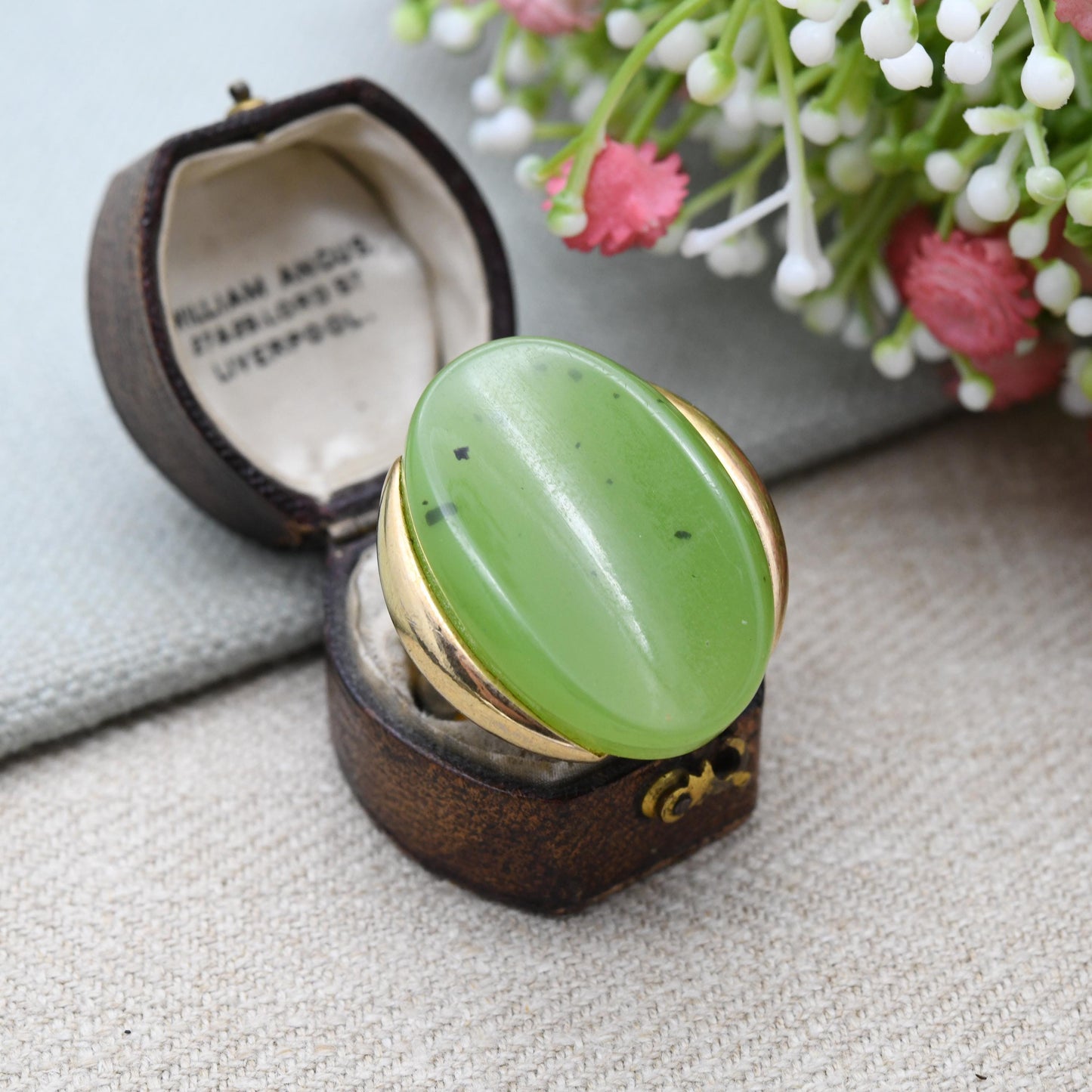 Vintage Grossé Ring 1972 German Designer Signed Jewellery - Imitation Jade Green Stone Ring Mid-Century | Adjustable Size UK Q | US 8 1/2