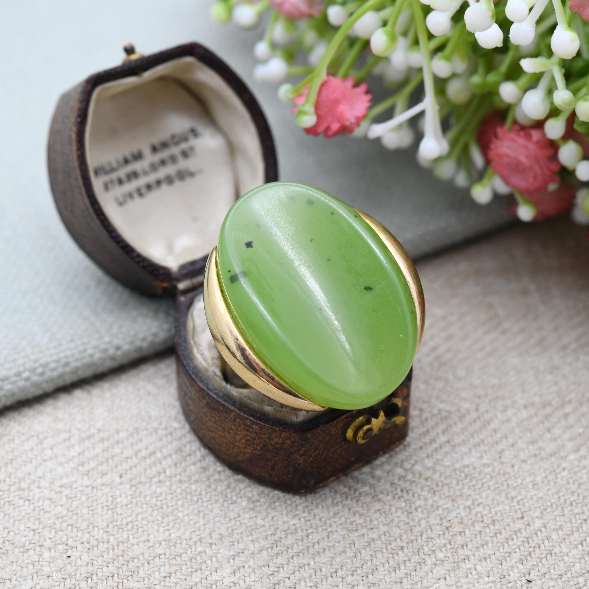 Vintage Grossé Ring 1972 German Designer Signed Jewellery - Imitation Jade Green Stone Ring Mid-Century | Adjustable Size UK Q | US 8 1/2