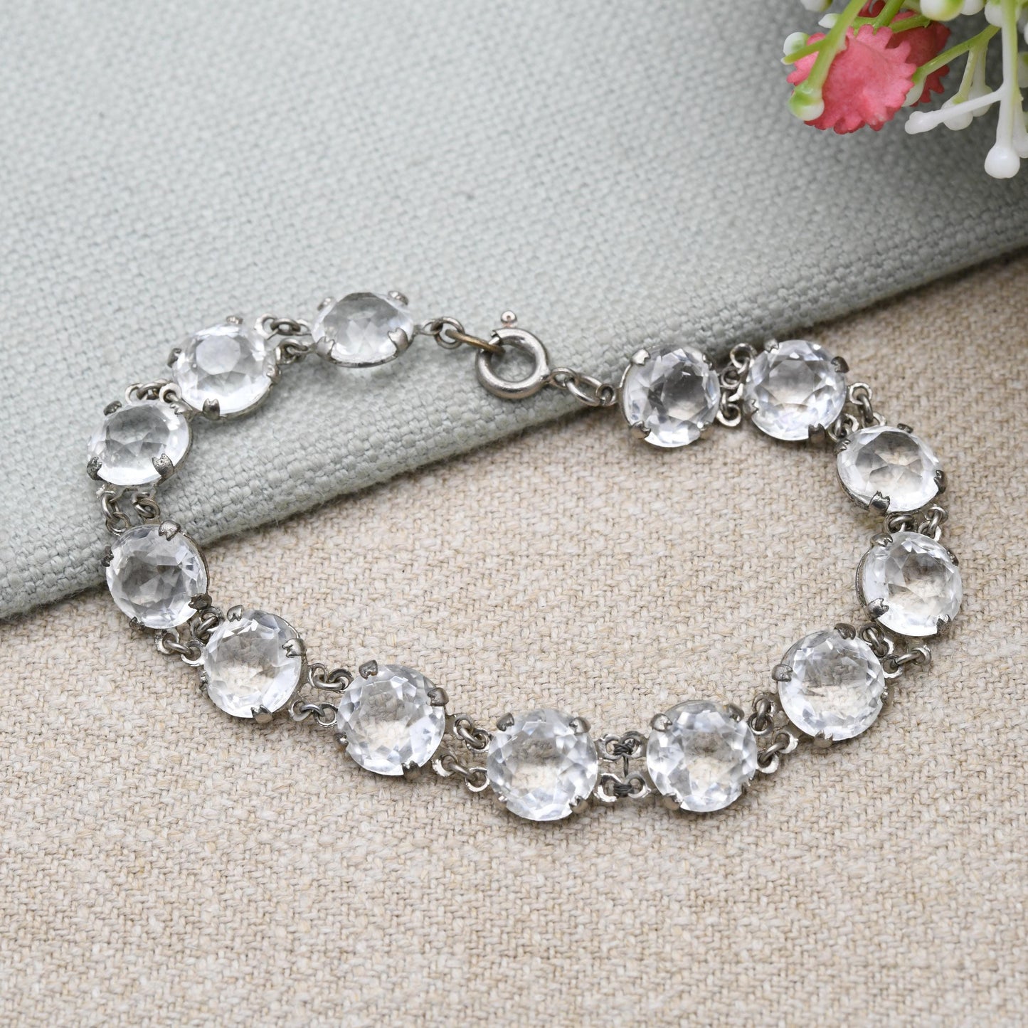 Vintage Art Deco Czech Crystal Rivière Bracelet with Large Glass Stones c. 1930s Made in Czechoslovakia