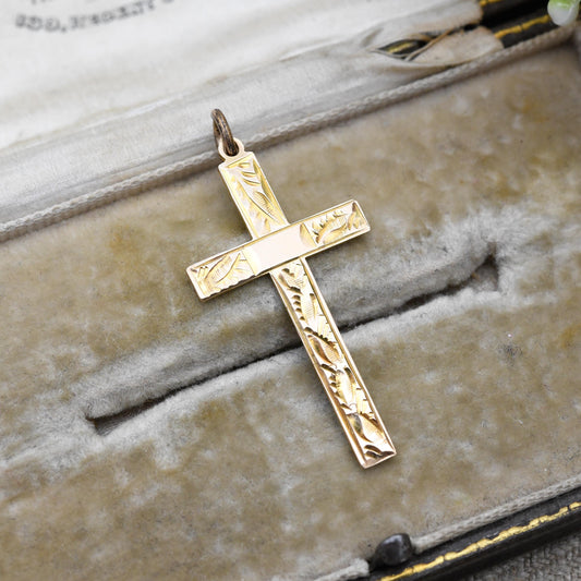 Antique 9ct Gold Cross Pendant with Pretty Leaf Pattern - Antique Yellow Gold Christian Religious Necklace Gift for Christening Baptism