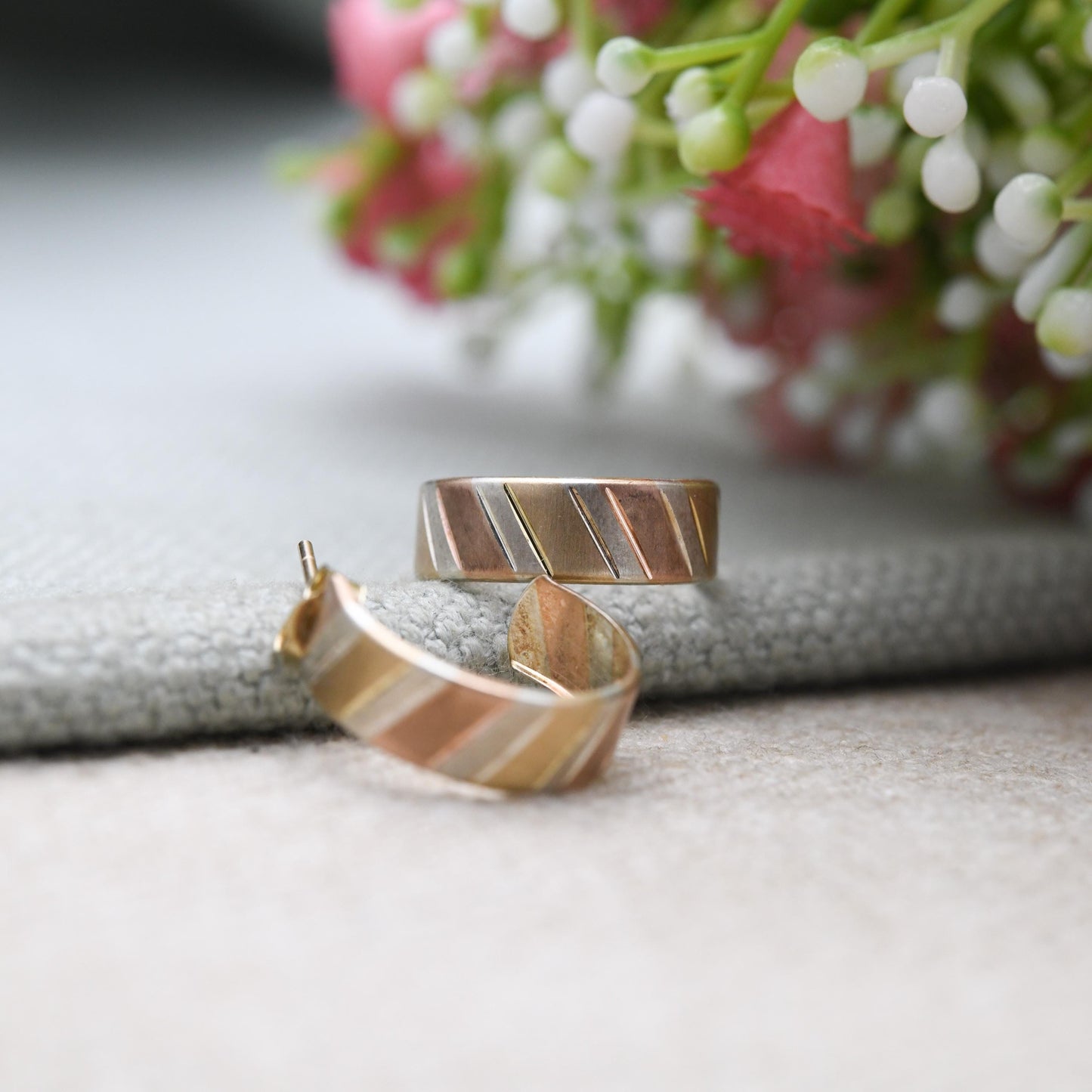 Vintage 9ct Gold Half Hoop Stud Earrings Mid-Century - Semi Circle Shape Big Stud | Solid Gold | Tri Colour | with Butterfly Backs