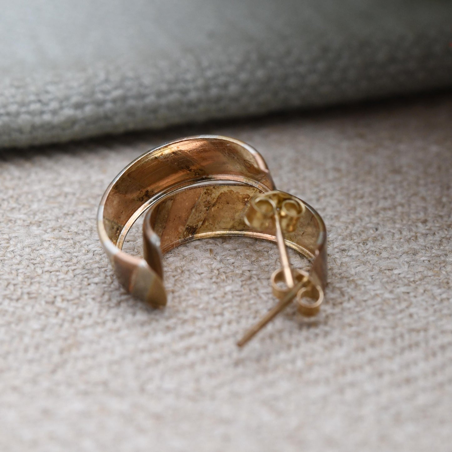 Vintage 9ct Gold Half Hoop Stud Earrings Mid-Century - Semi Circle Shape Big Stud | Solid Gold | Tri Colour | with Butterfly Backs