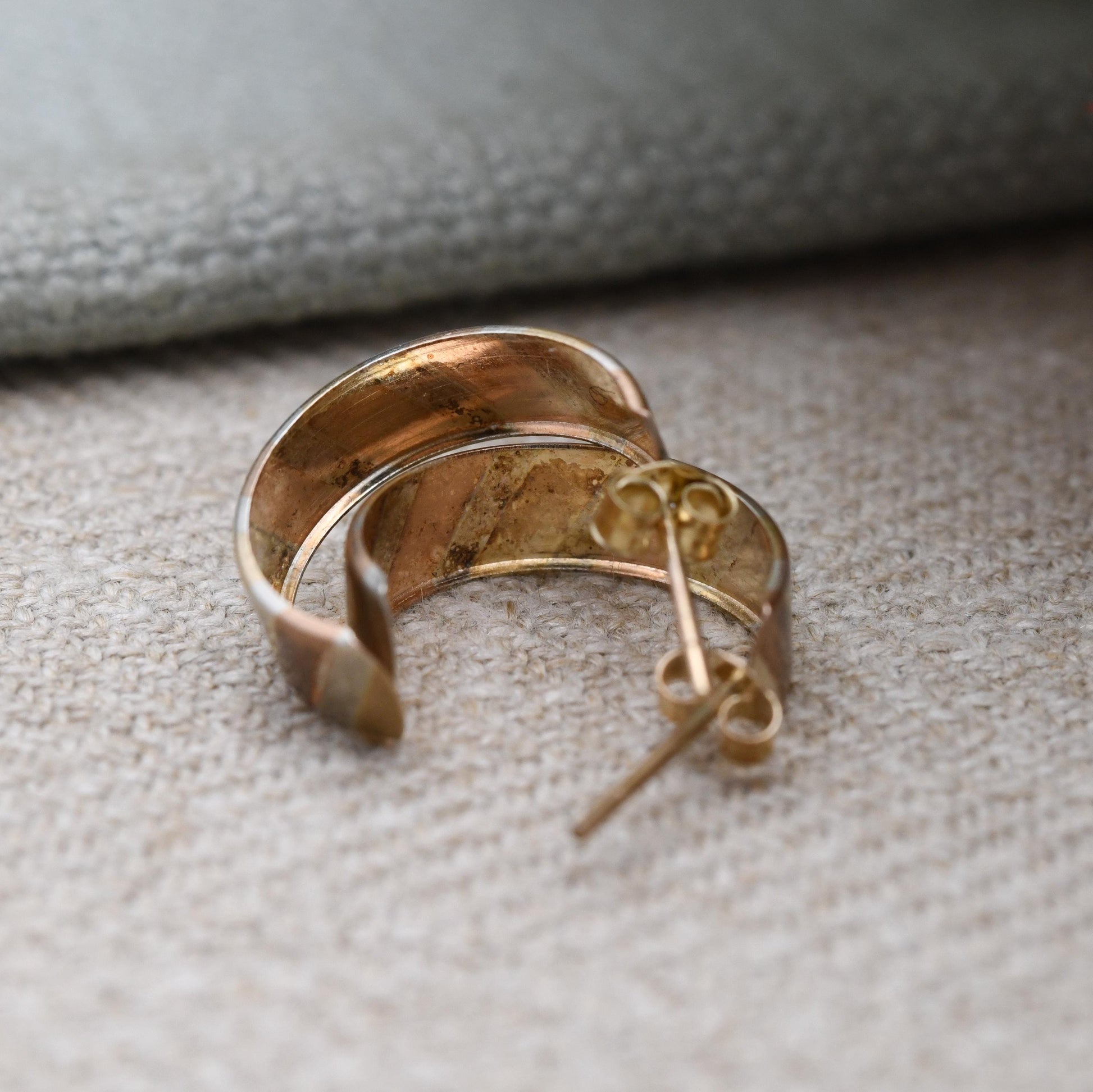 Vintage 9ct Gold Half Hoop Stud Earrings Mid-Century - Semi Circle Shape Big Stud | Solid Gold | Tri Colour | with Butterfly Backs