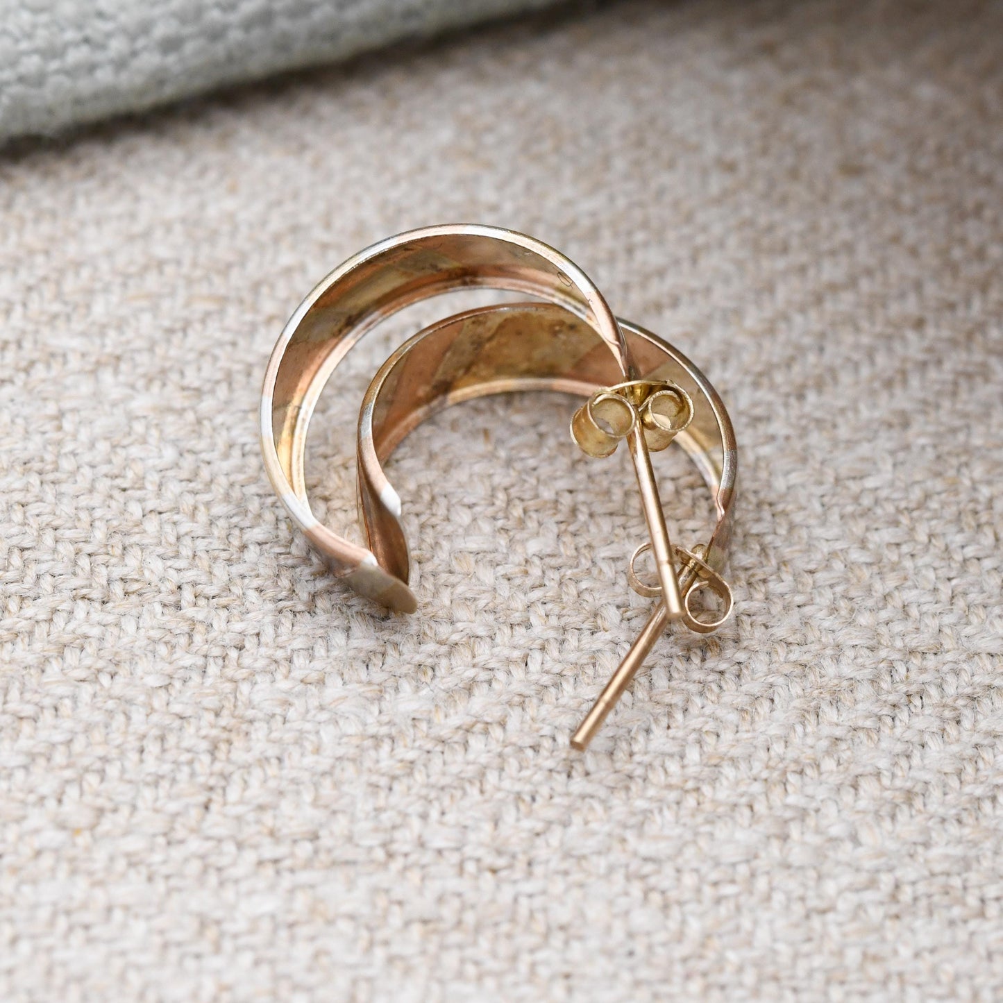 Vintage 9ct Gold Half Hoop Stud Earrings Mid-Century - Semi Circle Shape Big Stud | Solid Gold | Tri Colour | with Butterfly Backs