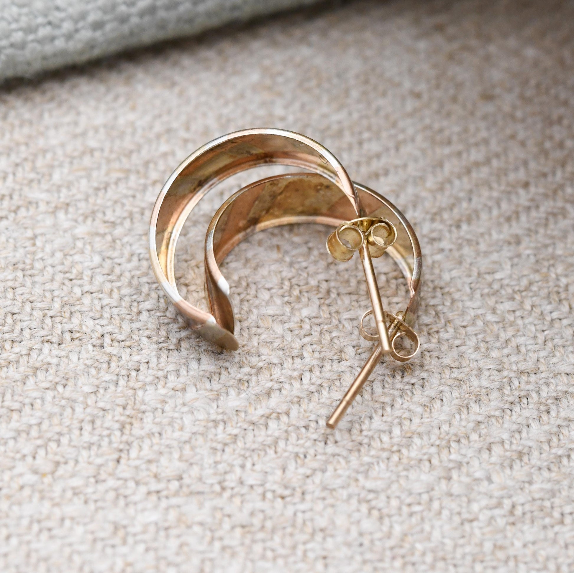 Vintage 9ct Gold Half Hoop Stud Earrings Mid-Century - Semi Circle Shape Big Stud | Solid Gold | Tri Colour | with Butterfly Backs