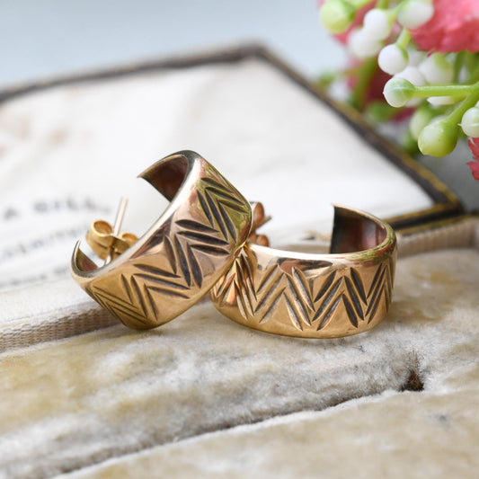 Vintage 9ct Gold Hoop Stud Earrings Mid-Century - Circle Shape | Diamond Cut | Solid Gold Jewellery Gift for Her | with Butterfly Backs