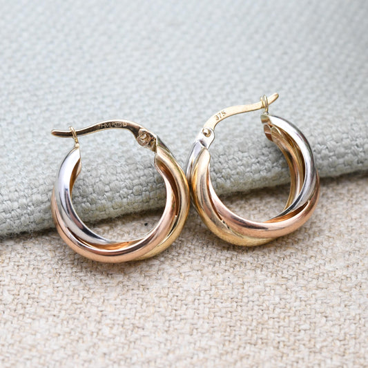 9ct Gold Tri Colour Hoop Earrings - Woven Hoops | Hollow Solid Yellow Gold | Twisted Design | Yellow White Rose Gold